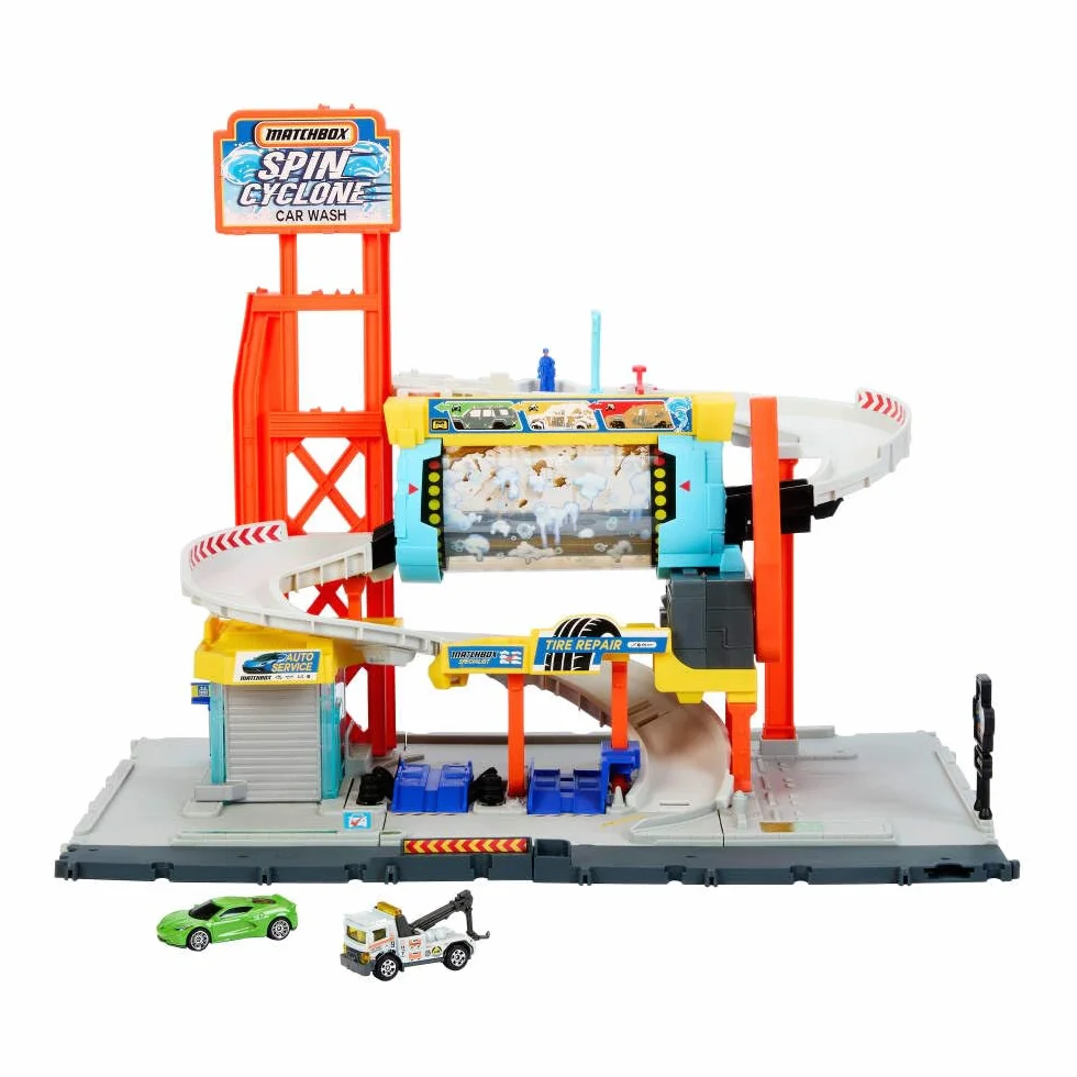 Matchbox - Autolavaggio Cyclone, set con pista, auto da corsa e carro attrezzi inclusi, tunnel di lavaggio rotante, officina meccanica e parcheggio, giocattolo per bambini, 3+ anni, JGB68