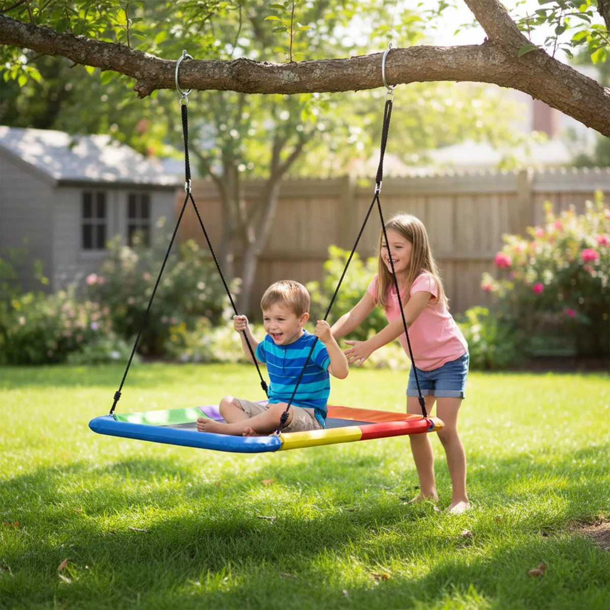Relaxdays Altalena a Nido Quadrata Multicolore per Bambini e Adulti, 150 kg, Outdoor, 150x80x165 cm