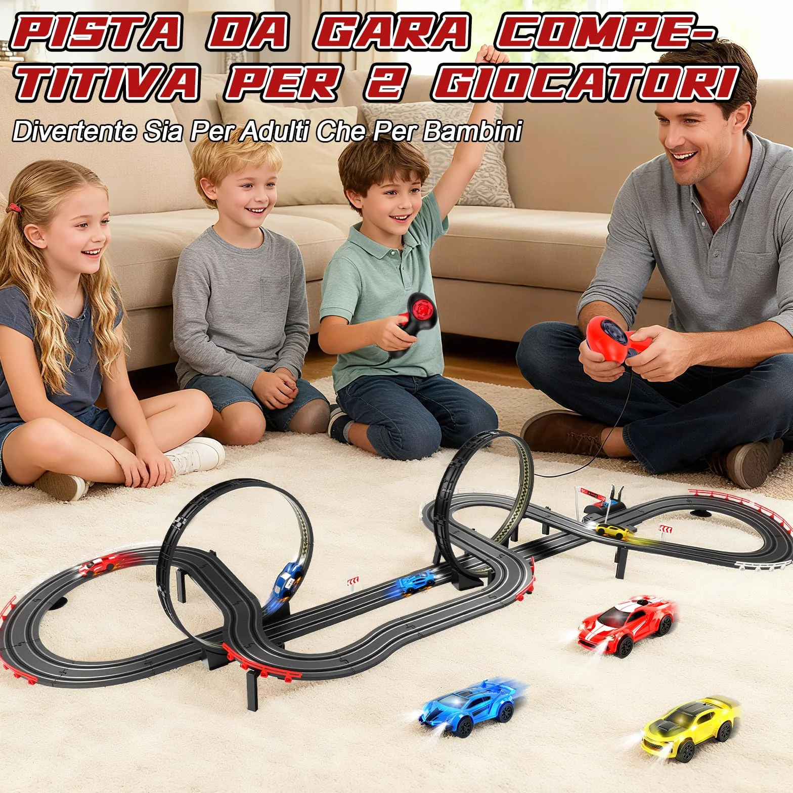 JONRRYIN Piste Corsa Elettriche, 1:64 Pista Macchine Telecomandate Extra-Lungo Piste Auto - 4 Led Macchine, USB, Comandi, Contatore, Passaggio A 360°, Giocattoli Regali Piste Corsa Bambini 3+ Anni