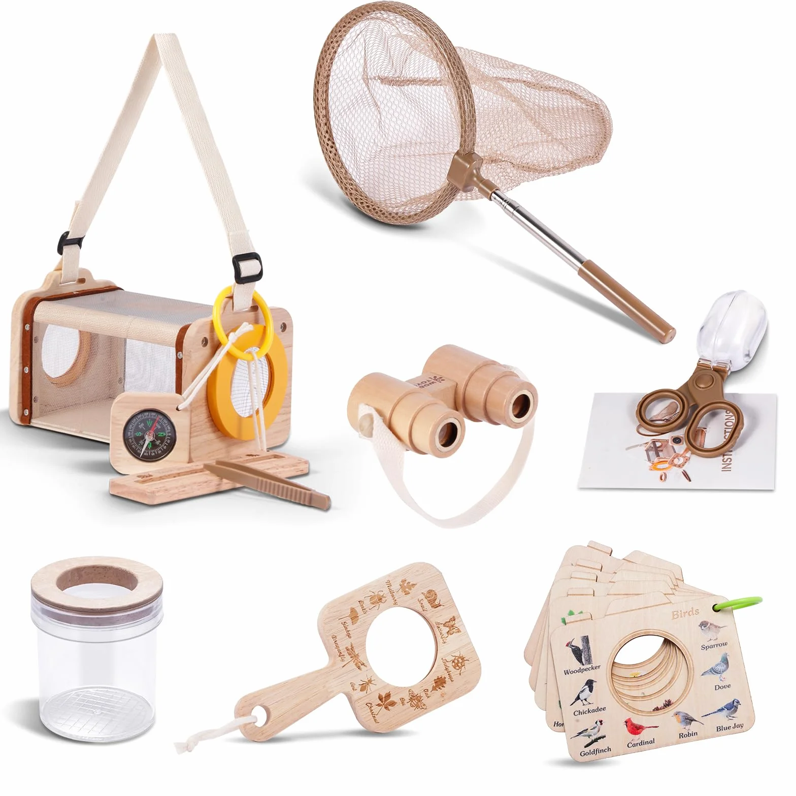 Astarama Kit acchiappa-Insetti in Legno per Bambini, 11 Pezzi Set da Esploratore con retino per Farfalle, Lente d'Ingrandimento, Habitat per Insetti, binocolo, Bussola, per Cortile e Campeggio