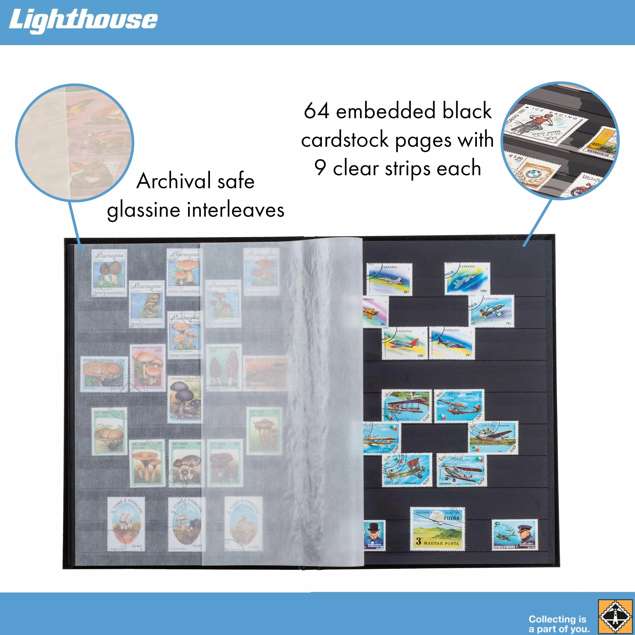 Leuchtturm 321487 Album per Collezionisti di francobolli - Stock-Book Basic - 64 Pagine DIN A4 Nere - Non Imbottito, Nero