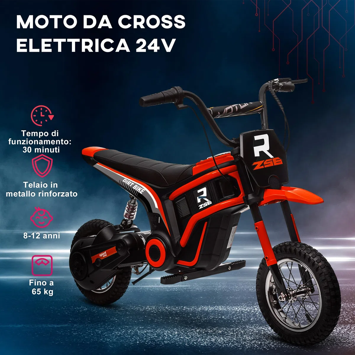 HOMCOM Moto Elettrica Bambini 24V 8-12 Anni Mini Cross con Sospensione Luci Suoni 2 Velocità 8-16km/h Ruote 30.5cm Rosso