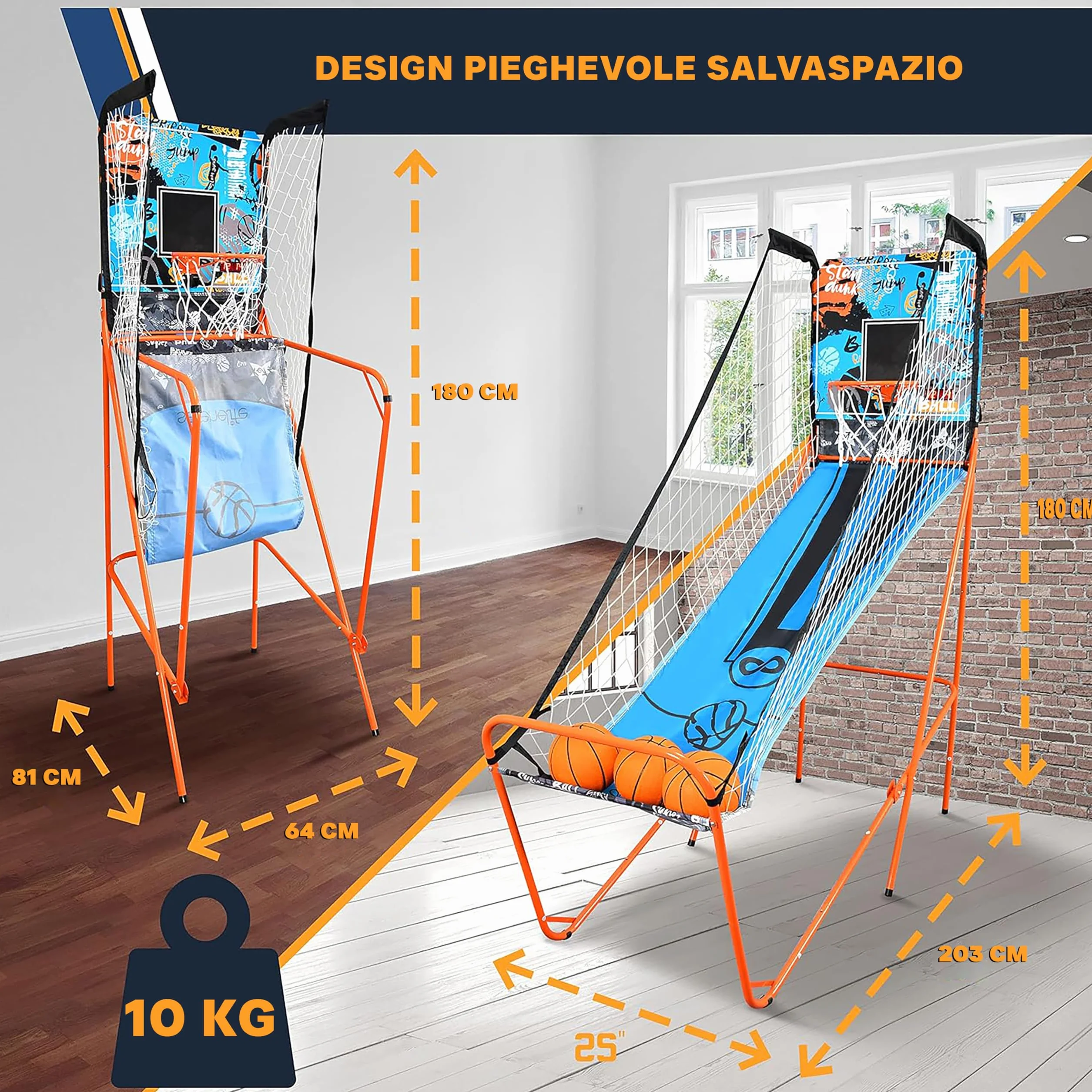 SereneLife Canestro Basket Esterno e Interno, Canestro da Basket Singolo Tiro con Opzione Audio, Grande Segnapunti LED, Blu
