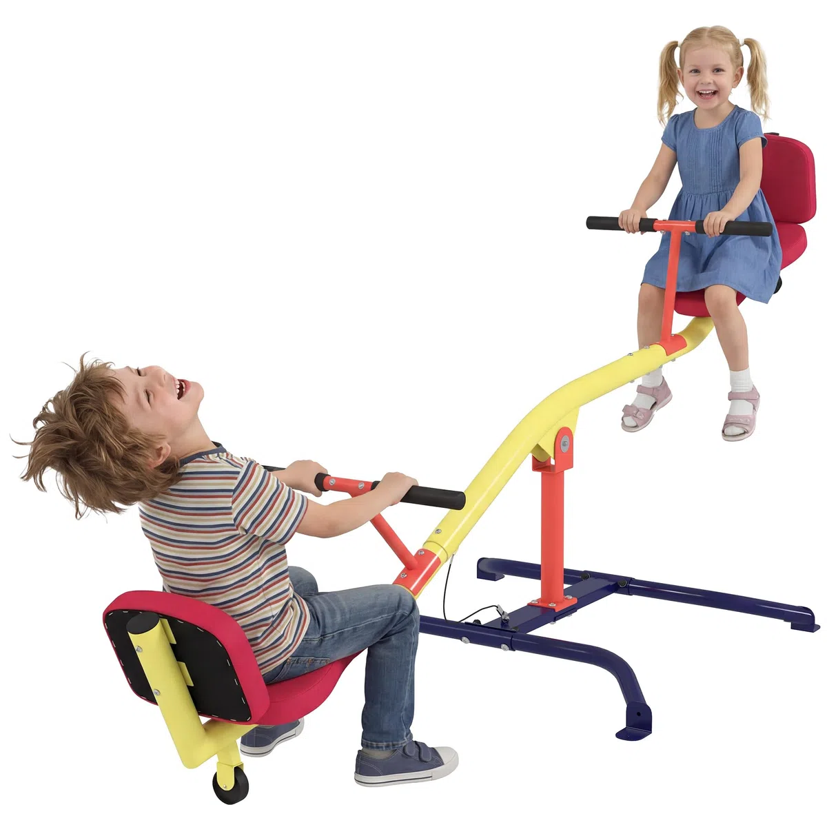 AIYAPLAY Altalena Bilico Bambini Girevole 360° 200kg 2 Posti Maniglie Antiscivolo Sedili Imbottiti Schienale Ruote Dondolo Esterno 253x96x75 cm