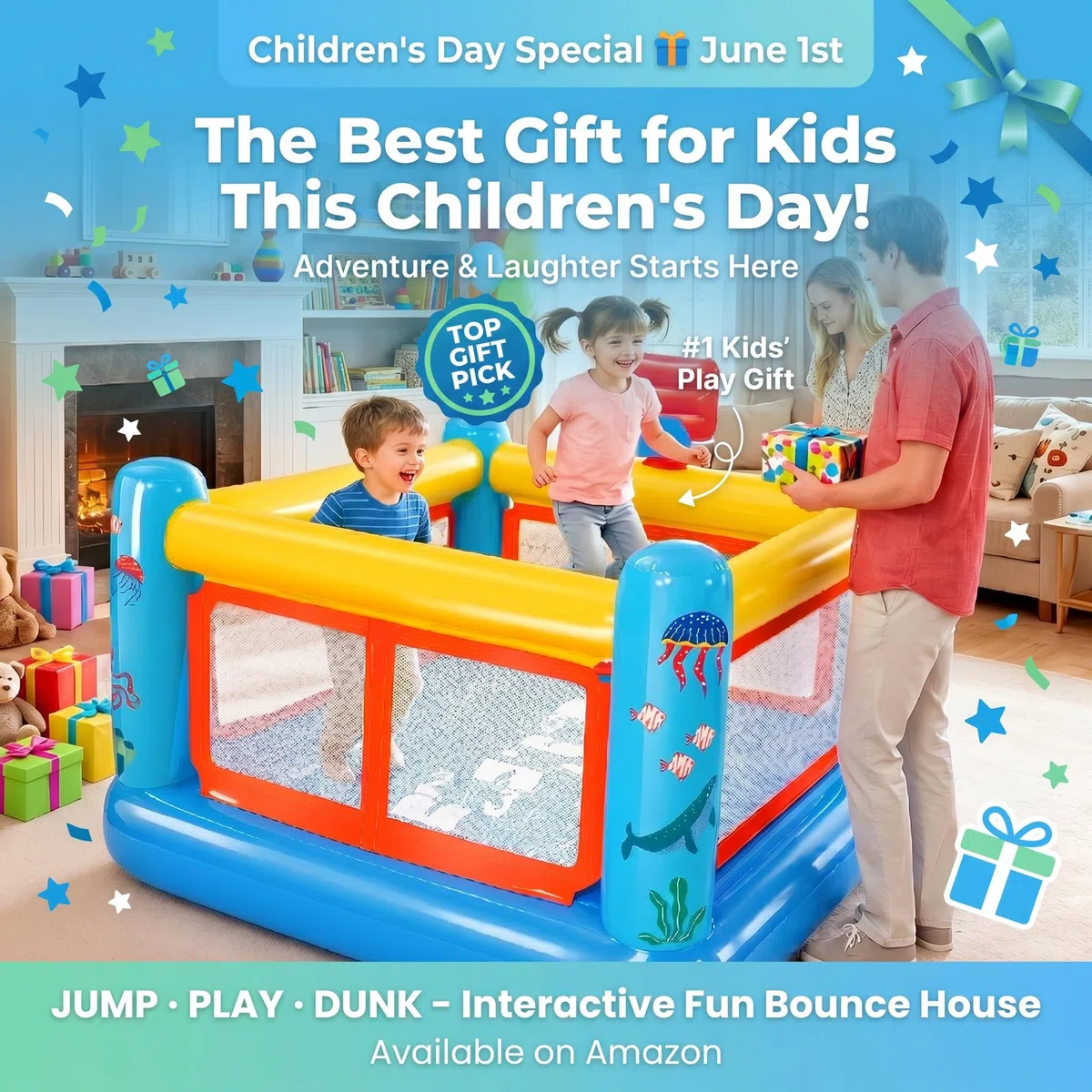 Castello gonfiabile per bambini da 3 a 6 anni, per interni ed esterni, in PVC resistente agli strappi, con piscina di palline rimovibile, cestino da basket e ventilatore (castello 3 in 1)