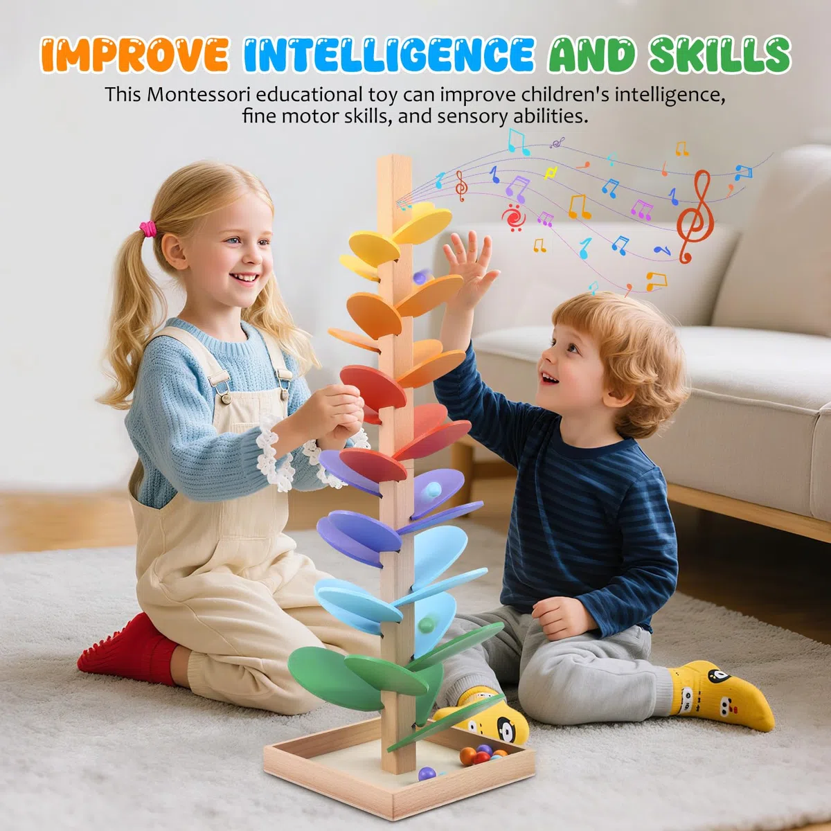 Pista a sfera in legno, 72 cm, albero sonoro arcobaleno, giocattolo educativo per bambini con 10 palline arcobaleno, 8 livelli colorati, giocattolo creativo in legno per bambini 3-7 anni