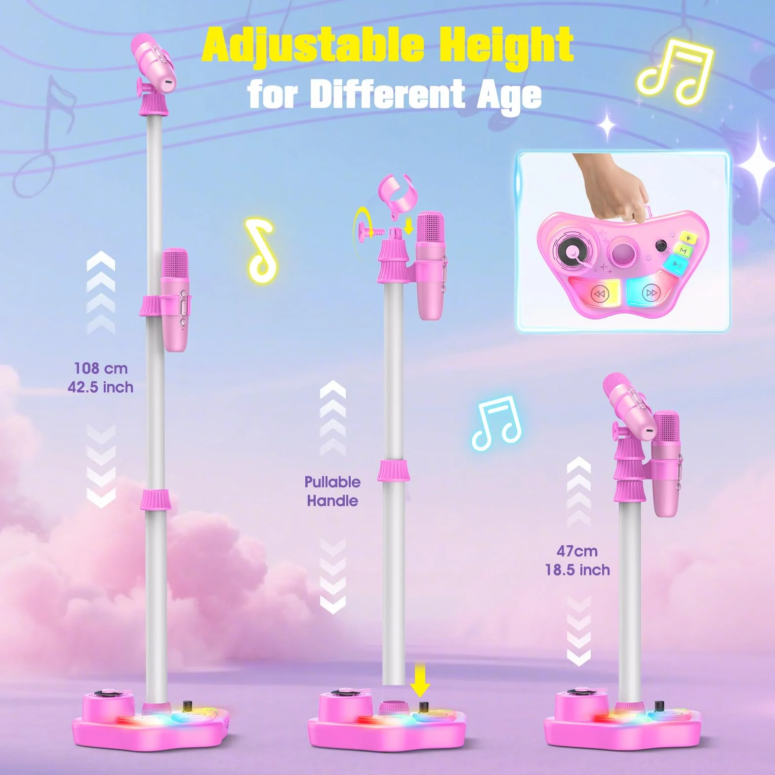 Microfono Giocattolo Musicale con Luci LED Altoparlante Bluetooth Supporto Regolabile 47-108 cm Rosa