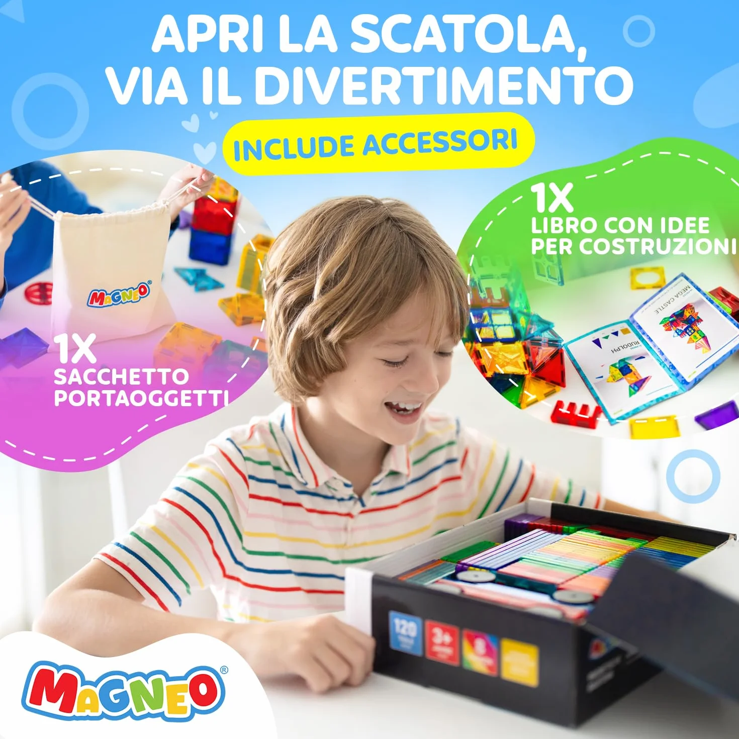 Blocchi Magnetici 120 Pezzi (2 Auto) – Costruzioni Magnetiche per Bambini 3+ – Gioco Creativo con Magnetic Tiles – Blocco da Costruzione Educativo – Idea Regalo Bimbi