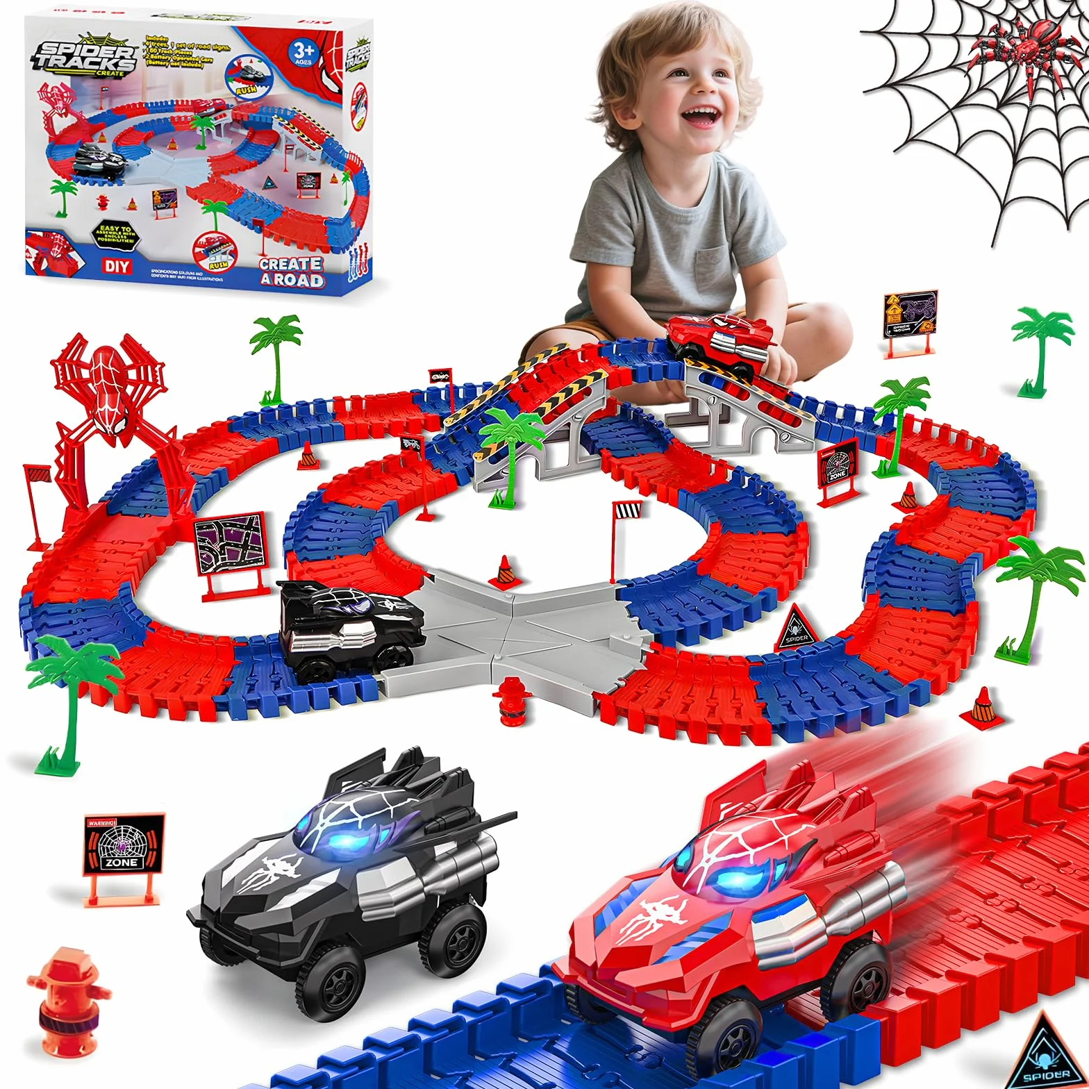 Kssvzz Spider Pista Macchinine 2 3 4 5 6 Anni Bambino, Flessibile Giocattolo Pista Auto Elettriche, Regalo Compleanno Natale Giochi per Bambini 2-8 Anni (212 Pezzi)