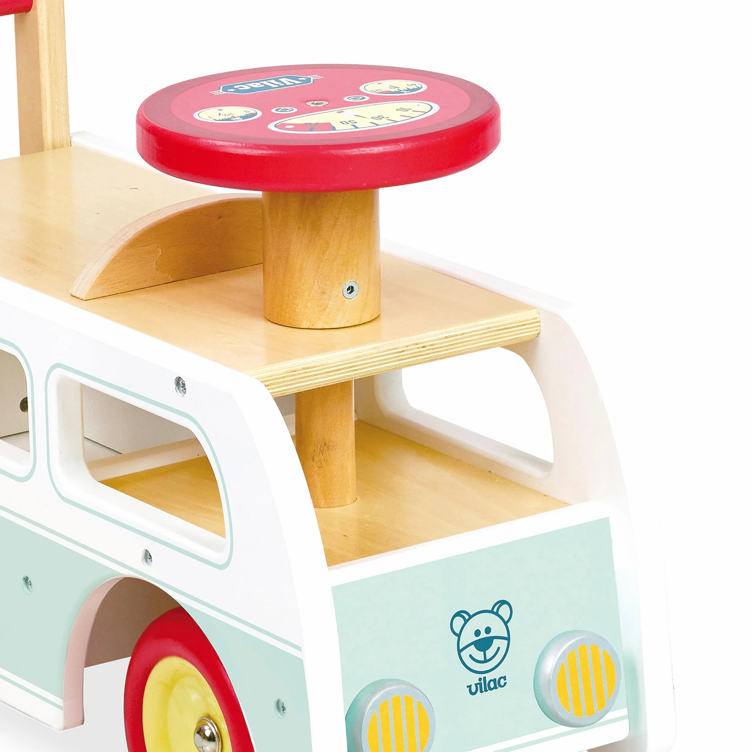Vilac Campervan Walker 2 in 1 in legno, con scomparto nascosto, giocattolo cavalcabile, adatto per bambini dai 12 mesi in su