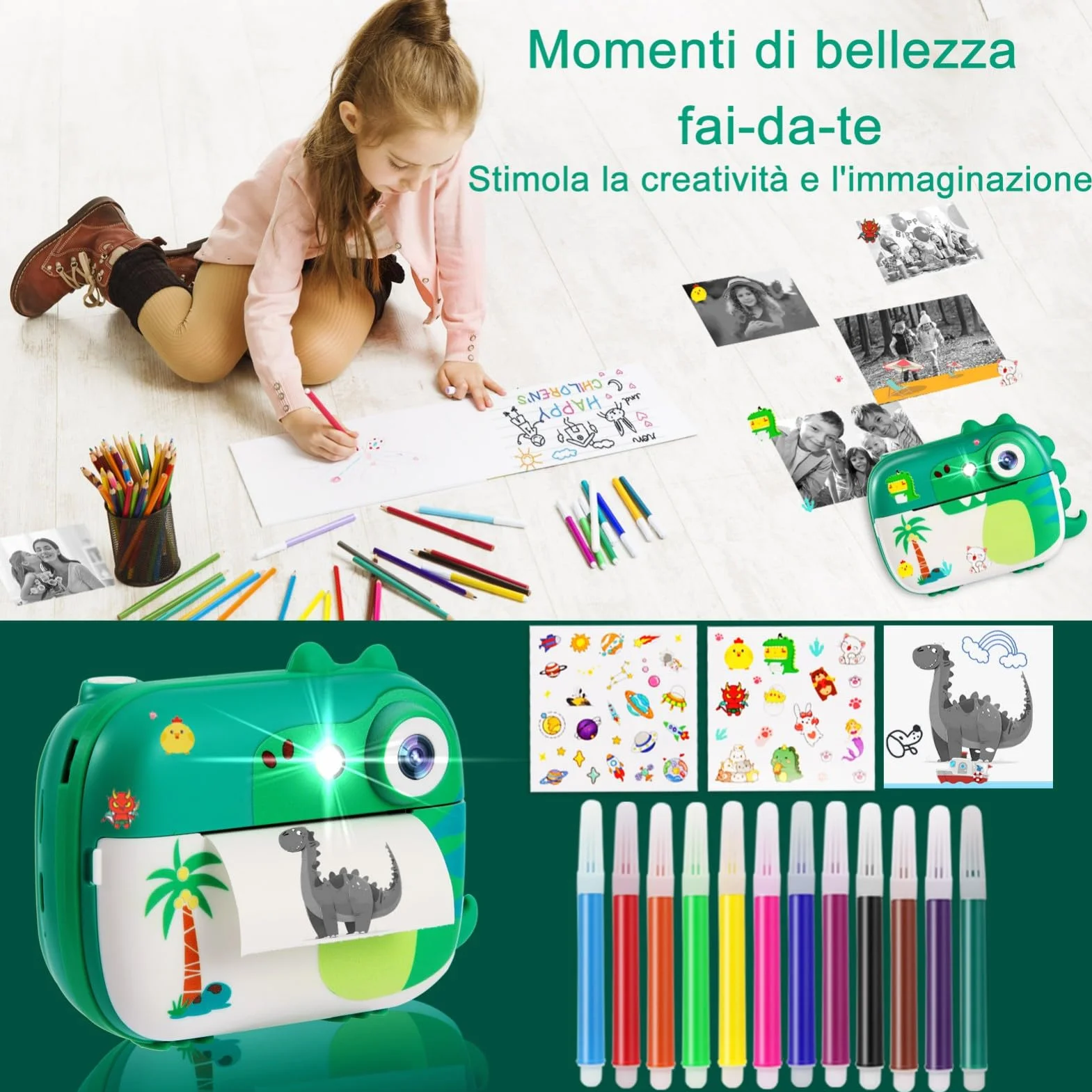 ARNSSIEN Macchina Fotografica Bambini Istantanea, 1080P Fotocamera Istantanea con 7 Rotoli di Carta, Fotocamera Digitale Bambini 2.4 Pollici, Regalo di Natale e Compleanno per Bambino di 3-12 Anni, M3