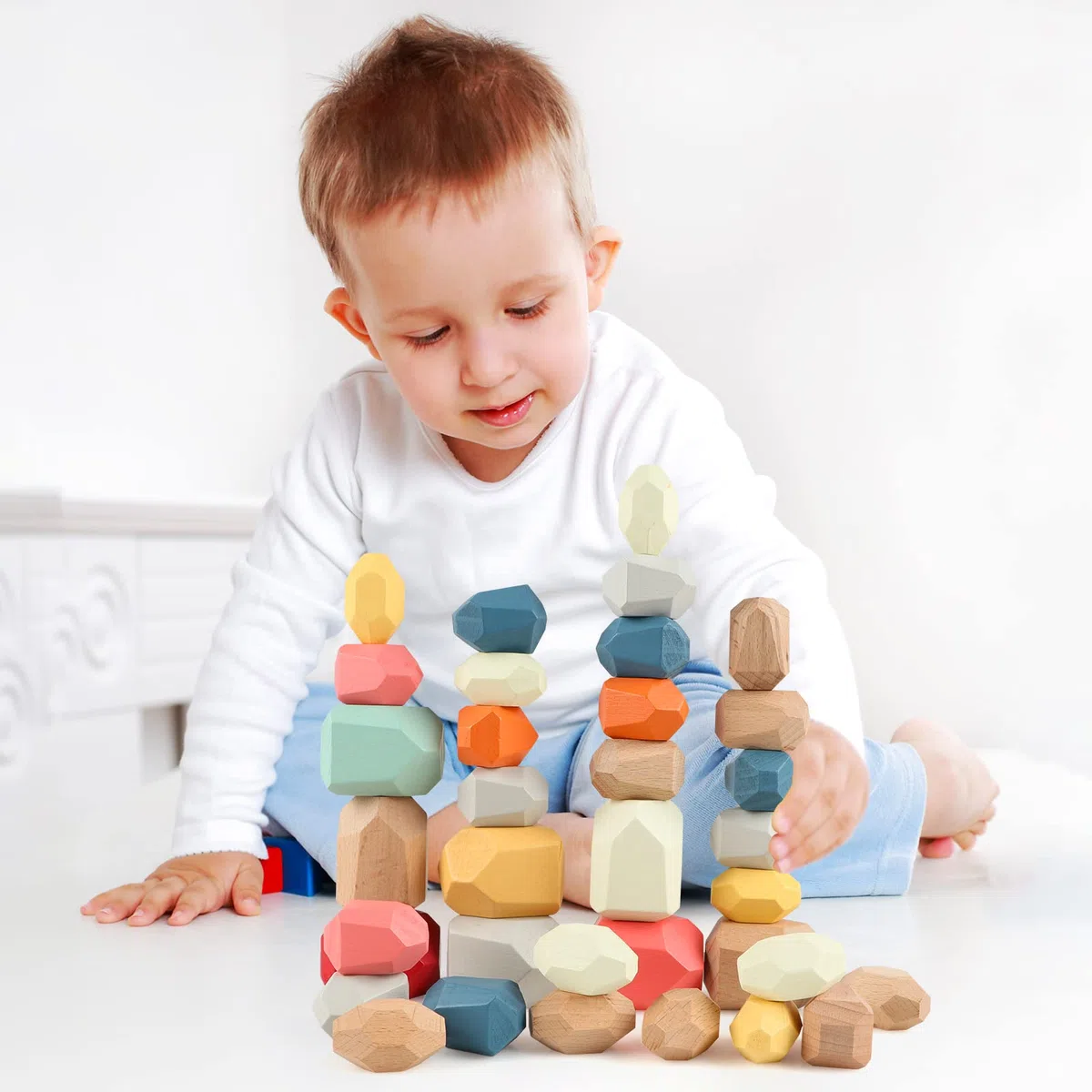 Jacootoys 36 pezzi Impilabile Pietra Blocchi costruzione di legno Giocattoli per bambini 3 anni