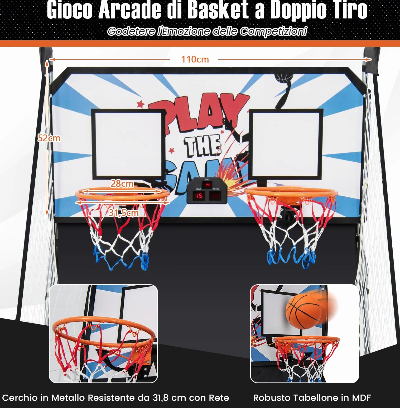 COSTWAY Macchina da Pallacanestro Elettronica, Canestro Basket da Camera a Doppio Tiro Pieghevole con Punteggio Elettronico, 4 Palle, 8 Modalità di Gioco e 2 Canestri (Bianco)