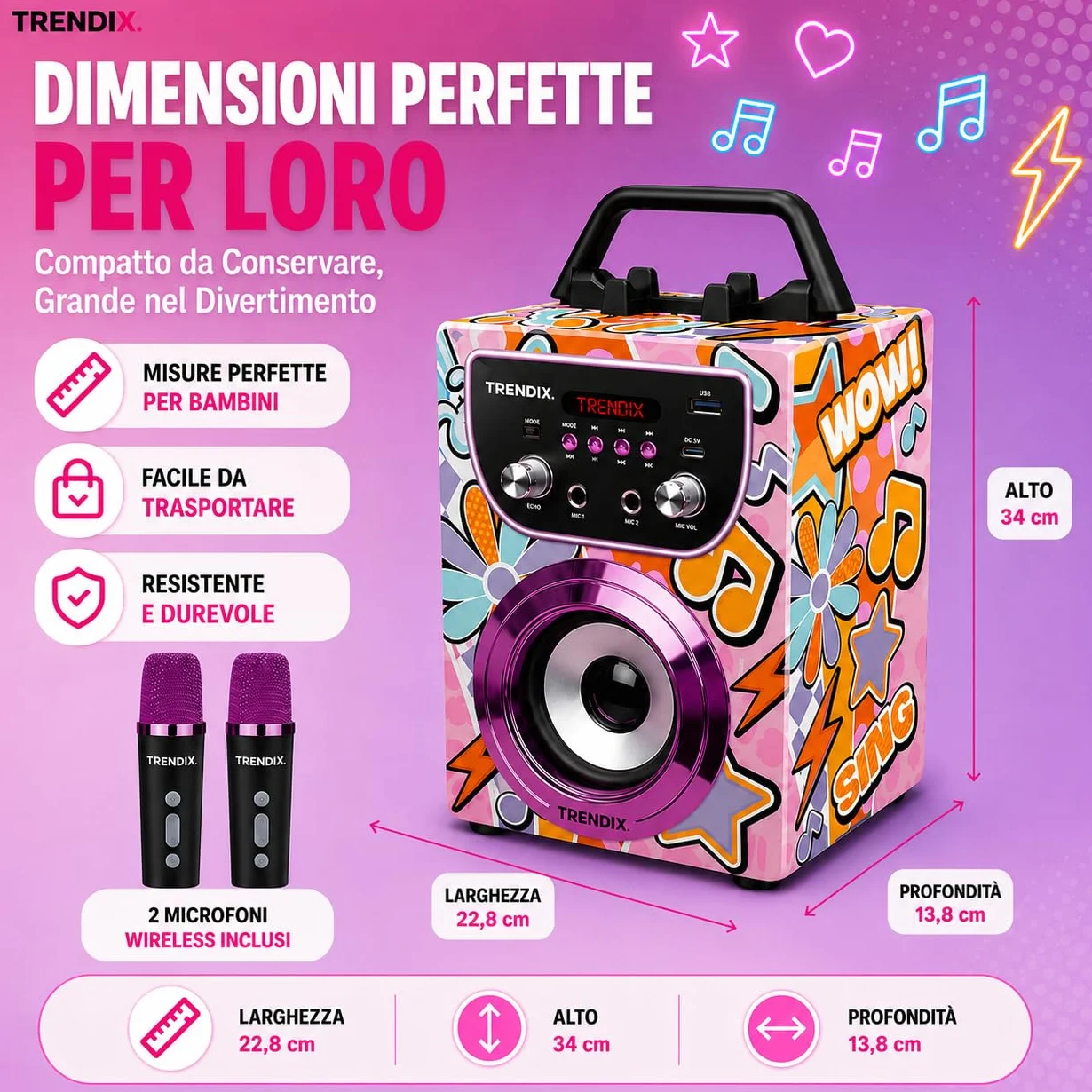 Trendix - Karaoke Per Bambini Magic Melody | Cassa Bluetooth Con Microfono, Radio Fm, Usb | Cassa Karaoke Con 2 Microfoni | 2 Microfoni Bluetooth | Regalo
