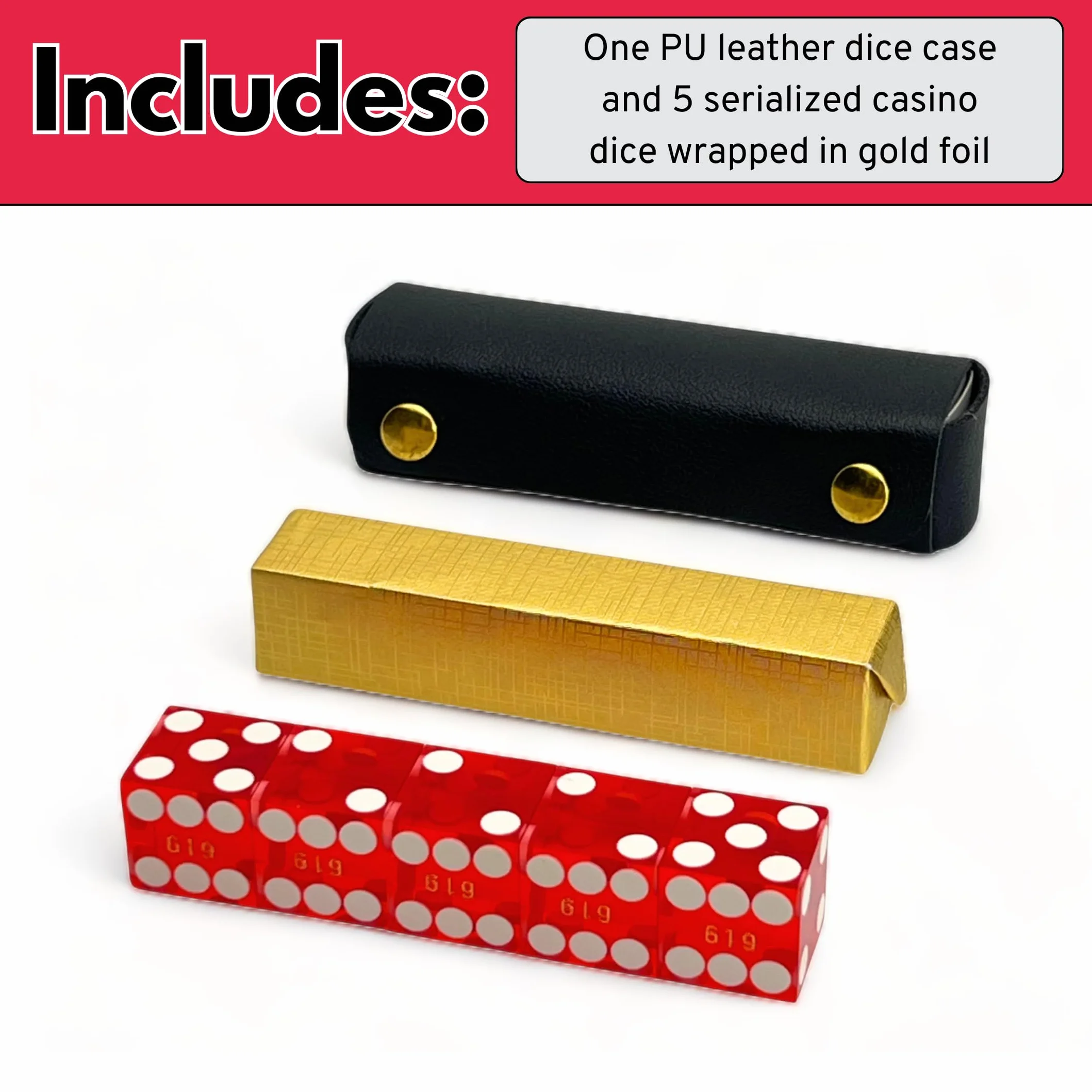 Luck Lab Dadi da casinò di grado AAA da 19 mm, con bordi a rasoio e numeri di serie abbinati, set da 5 e custodia in pelle, colore: rosso