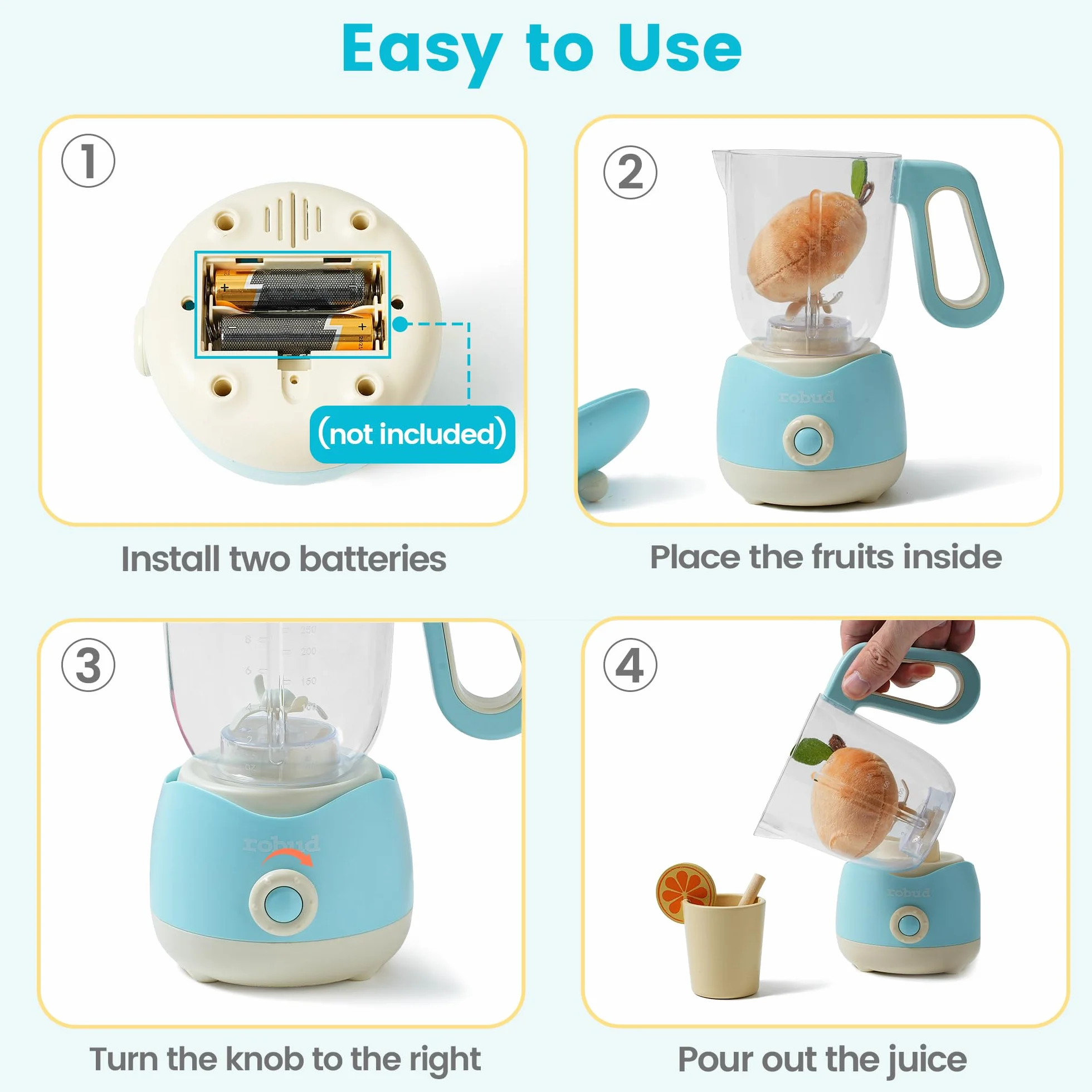 ROBUD Spremiagrumi giocattolo con luce e suono, accessorio da cucina con frutta, latte, bicchieri, adatto per bambini dai 3 anni in su