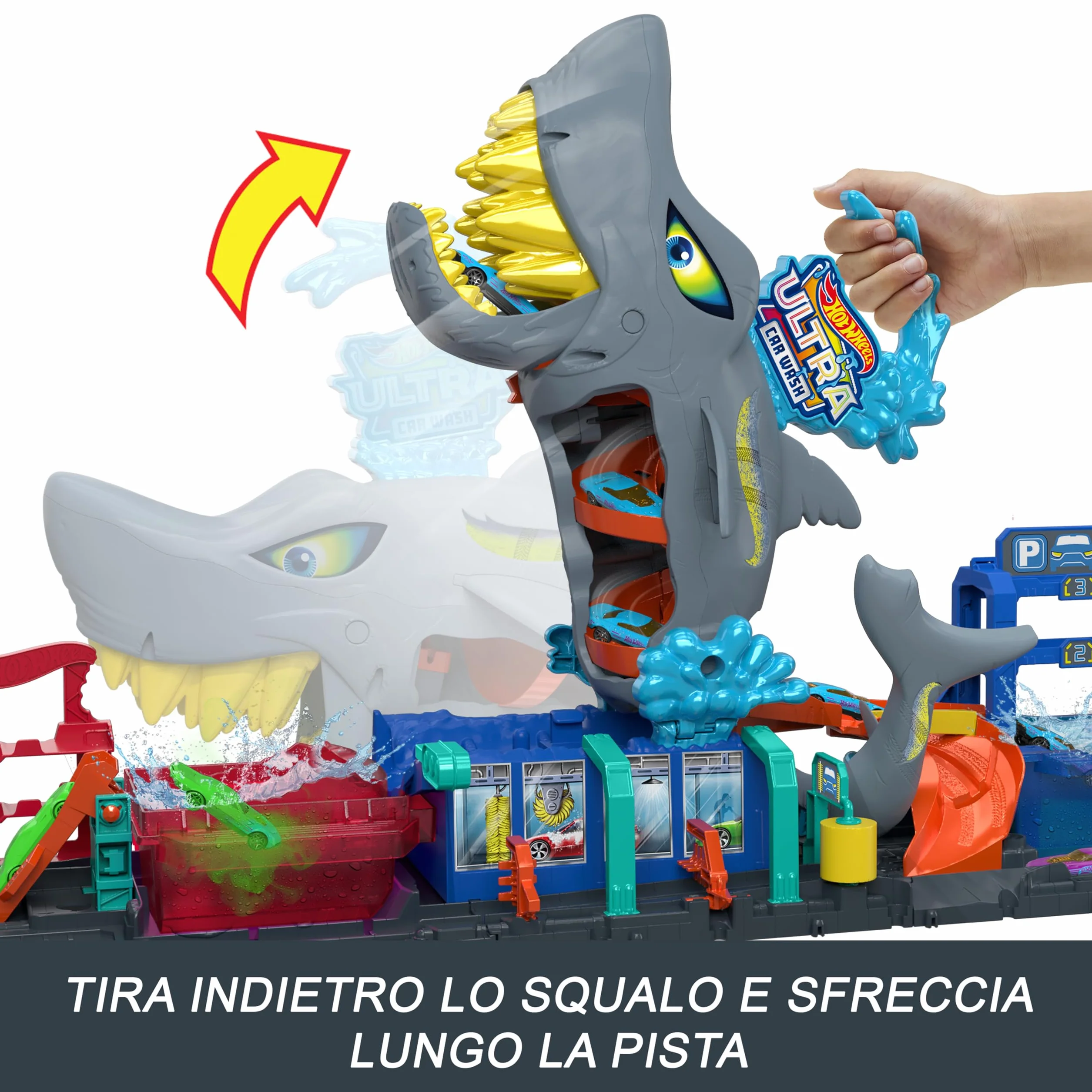 Hot Wheels 'Let's Race' Netflix - Mega Squalo Autolavaggio, pista con rullo di schiuma e cancelli mobili, funzione cambia colore e macchinina Color Reveal inclusa, 3+ anni, HTN82