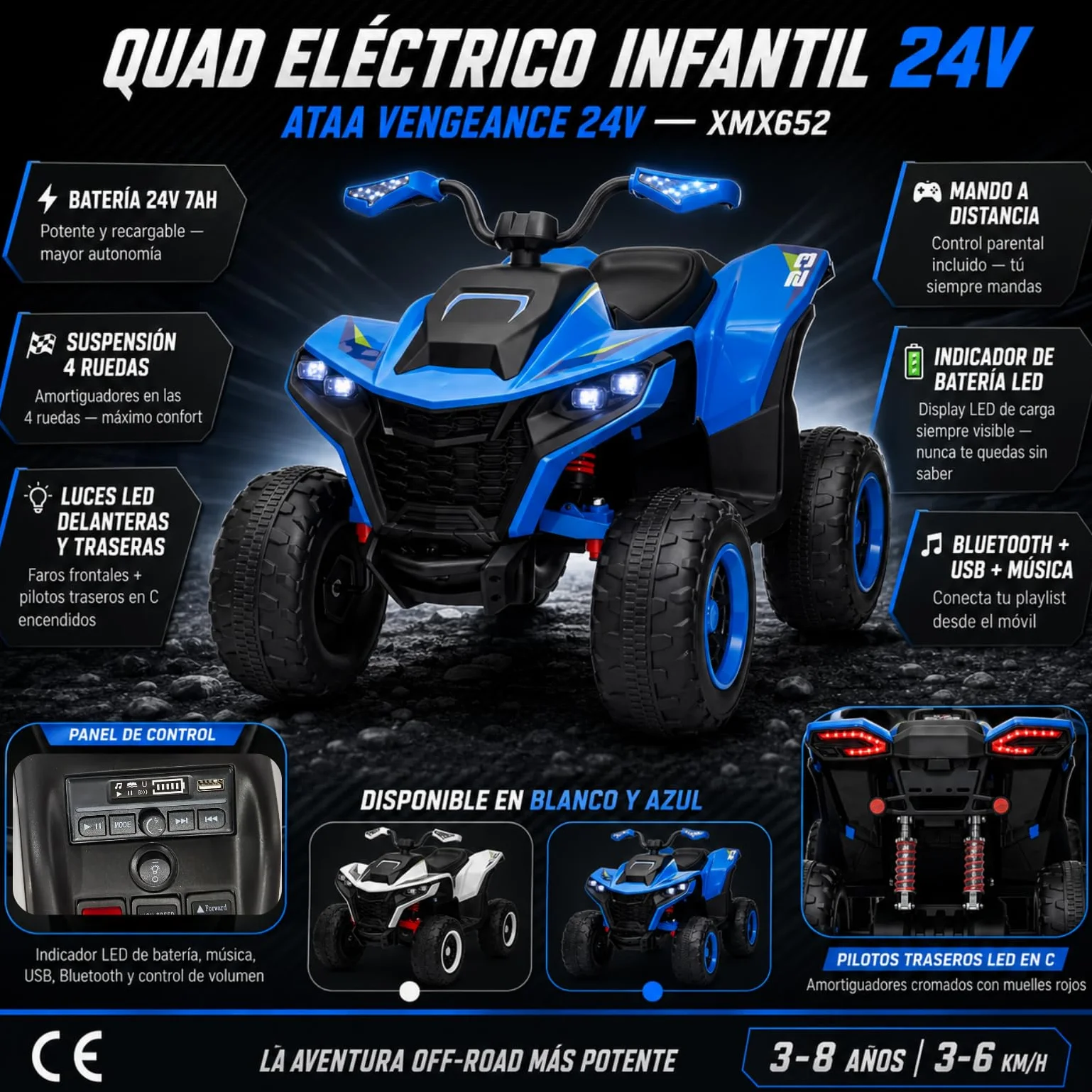 Quad elettrico per bambini 24 V ATAA Vengeance blu moto a batteria per bambini con telecomando luci LED musica e Bluetooth