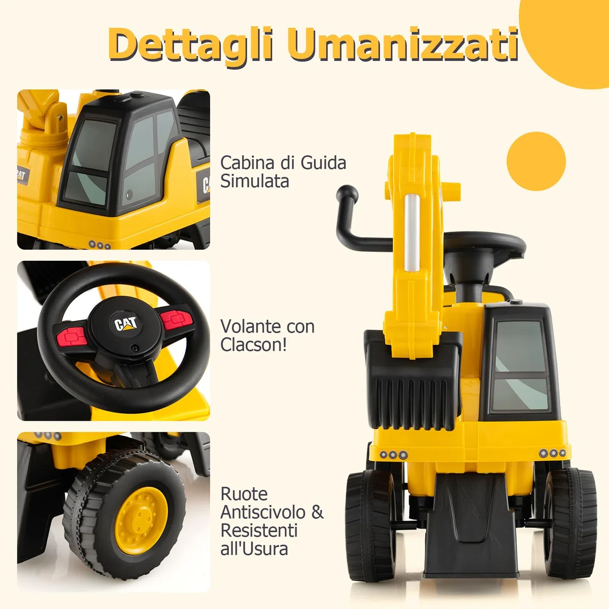 RELAX4LIFE Escavatore Ruspa Cavalcabile da 1-3 Anni per Bambini, con Licenza CATERPILLAR,Clacson suono,Braccio Girevole e Alzabile e e Vano Contenitore, 30x74x54 cm