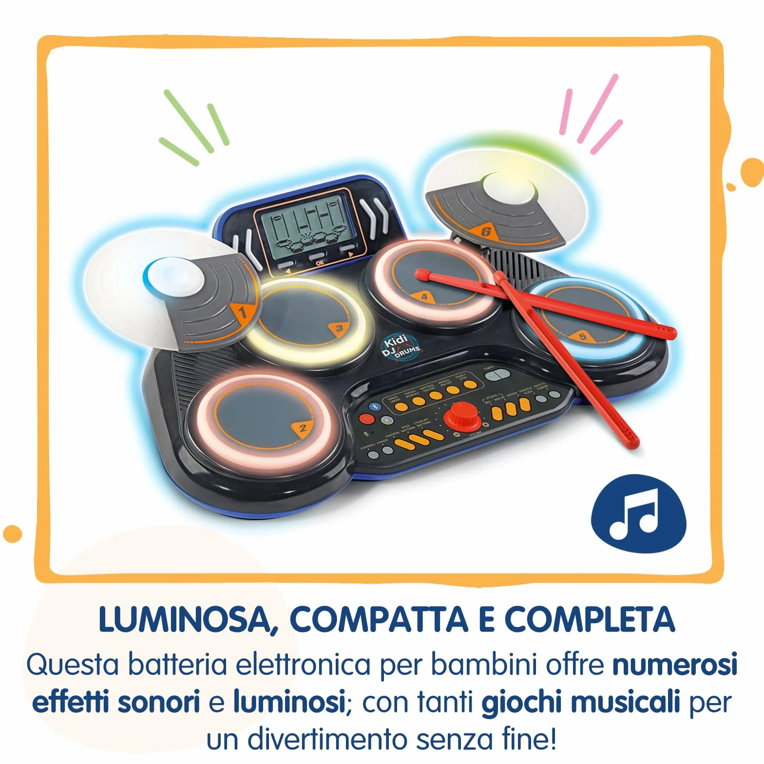 VTech Kidi DJ Drums, Batteria Elettronica per Bambini con Pad Luminosi, Giochi Musicali, Modalità Bluetooth e Microfono Integrato, Bacchette Incluse, Lingua Italiana, Batterie Incluse, 6+ Anni