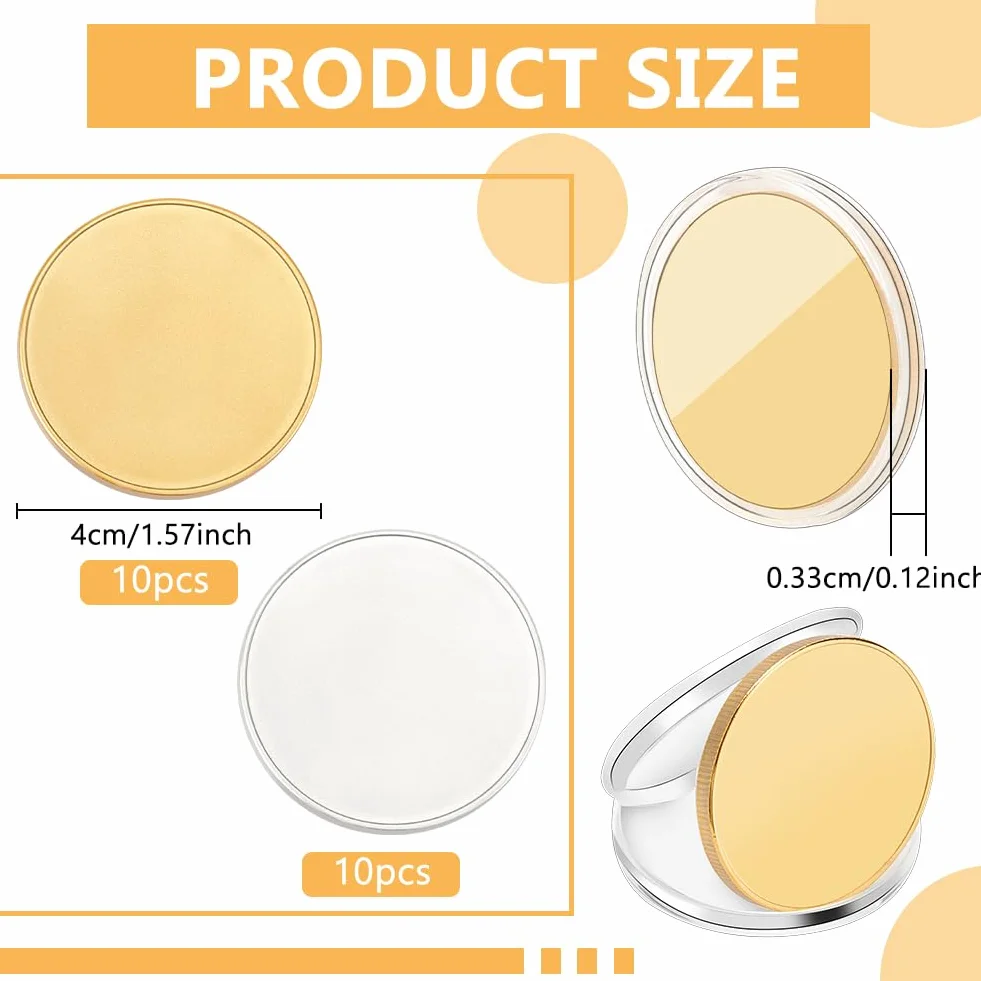 WEBEEDY 20 pezzi Blank Challenge Coin Incisione Monete grezze in metallo punzonatura 40 mm per incisioni laser a fibra, rotonde, tag filettati, moneta con scatola protettiva in acrilico, oro e argento