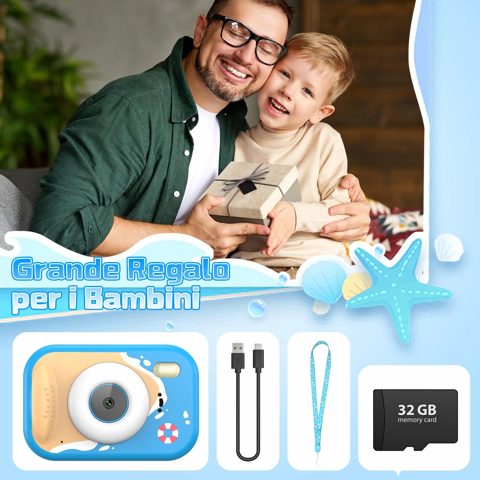 CHAKEYAKE Macchina Fotografica Bambini, 1080P IP67 Fotocamera Impermeabile Bambini con Zoom 10X, Schermo 2.4'', Scheda 32GB Inclusa, Giocattolo per Piscina e Spiaggia, Regalo per 3–12 Anni, Blu