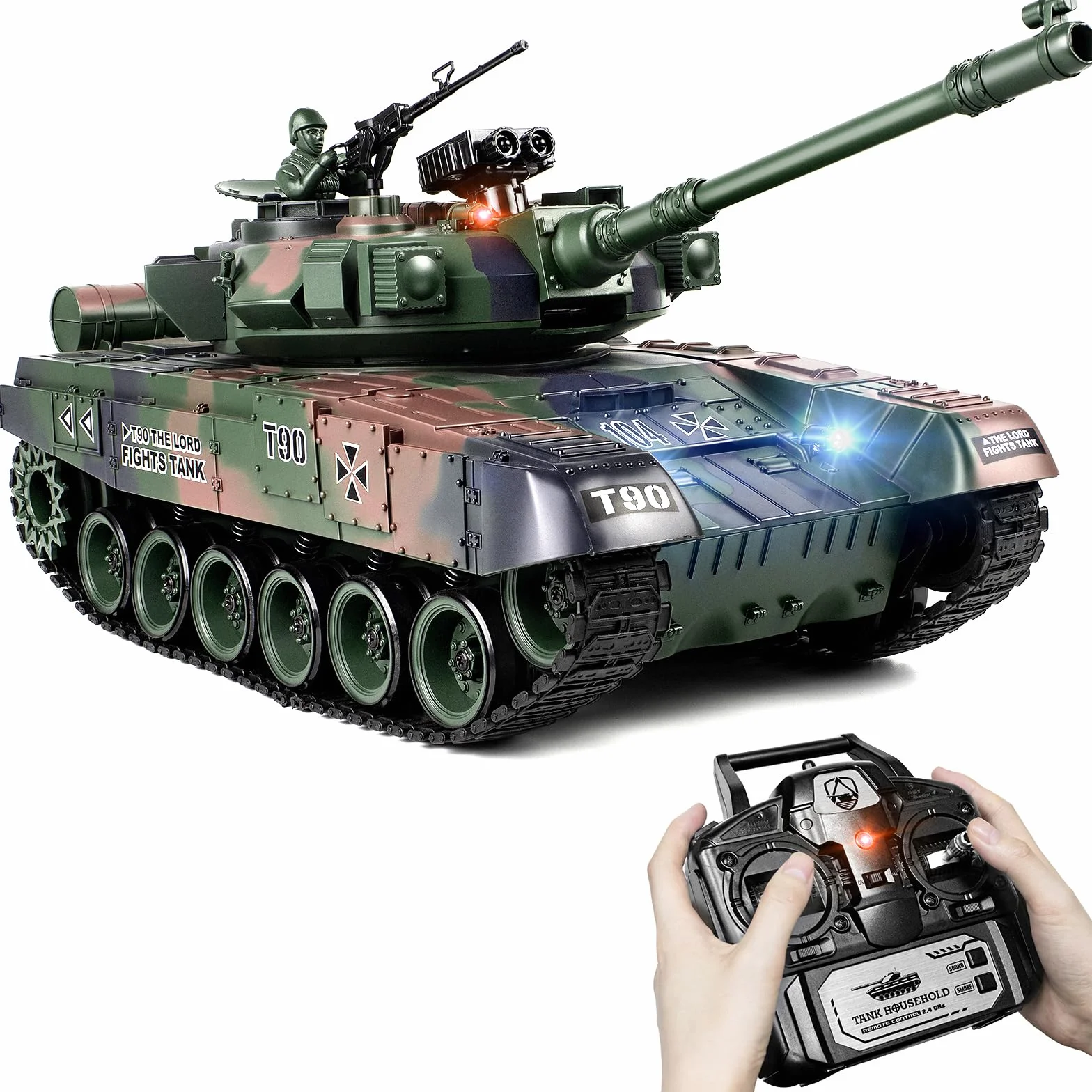 Carro Armato Telecomandato T90 1:18, Serbatoio Telecomandato Sparo BB, Fumo, Suoni e Luci Realistici, 2.4GHz Carro Armato Radiocomandato, Remote Control Tank Giocattolo Militare per Bambini e Adulti