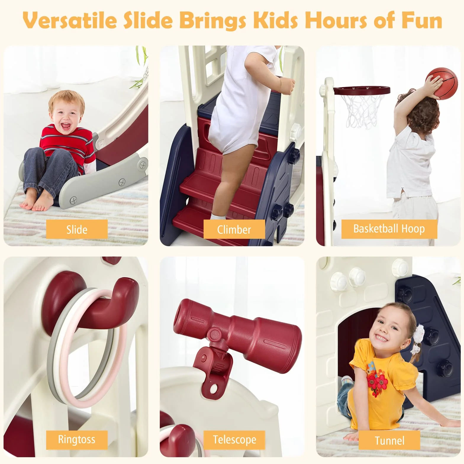 RELAX4LIFE 3 in 1 Centro Attività per Bambini, Parco Giochi con Scivolo, Anello di Lancio e Canestro, Set di Scivoli per Bambini da Giardino o Cameretta, Età 18 mesi-5 anni (Blu+Beige)