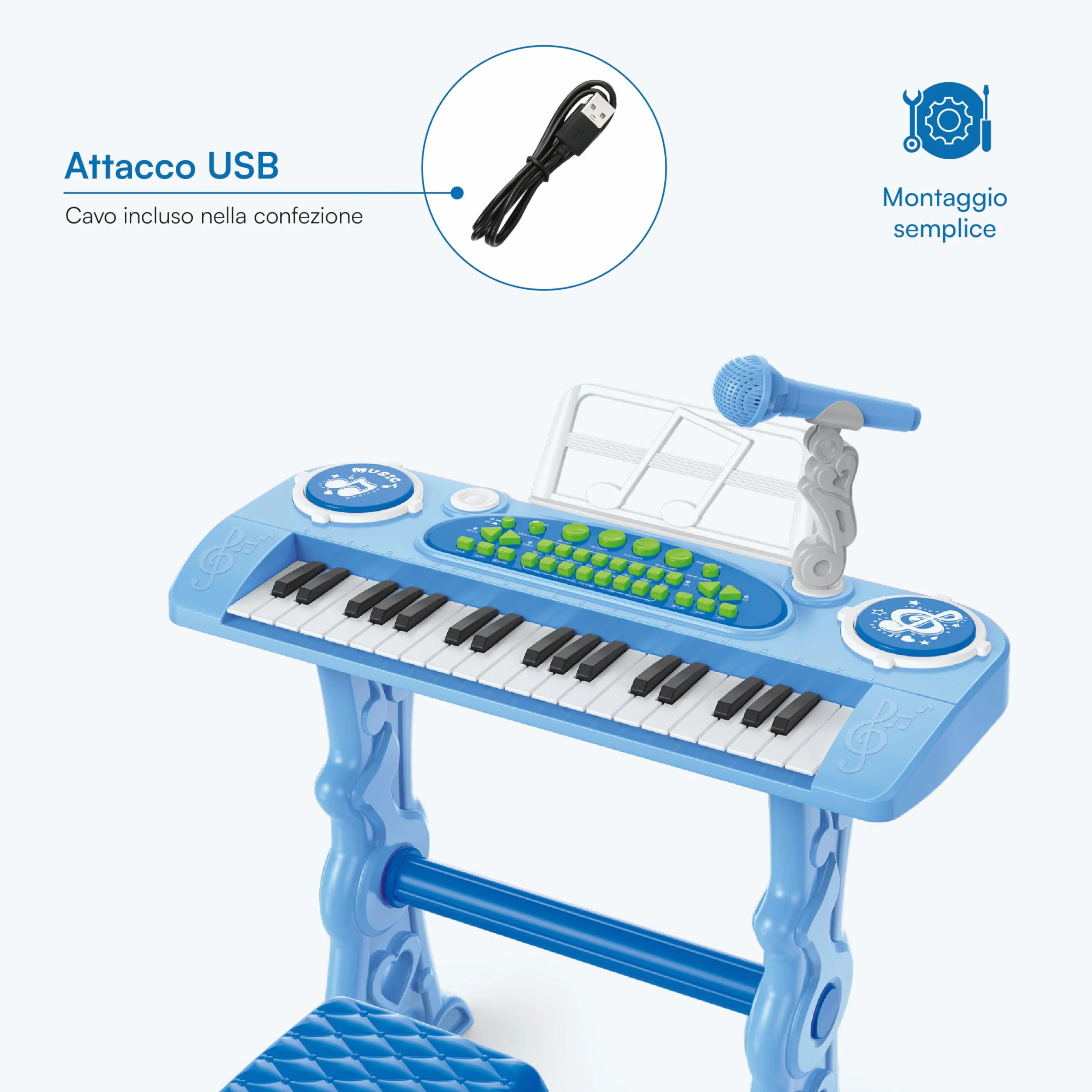 Baroni Toys Tastiera Elettronica con Sgabello per Bambini 3+ Anni con Microfono, Pianola Musicale con Melodie e Suoni Educativi, Tastiera 37 Tasti con Sedia Azzurra, 48x20x53cm