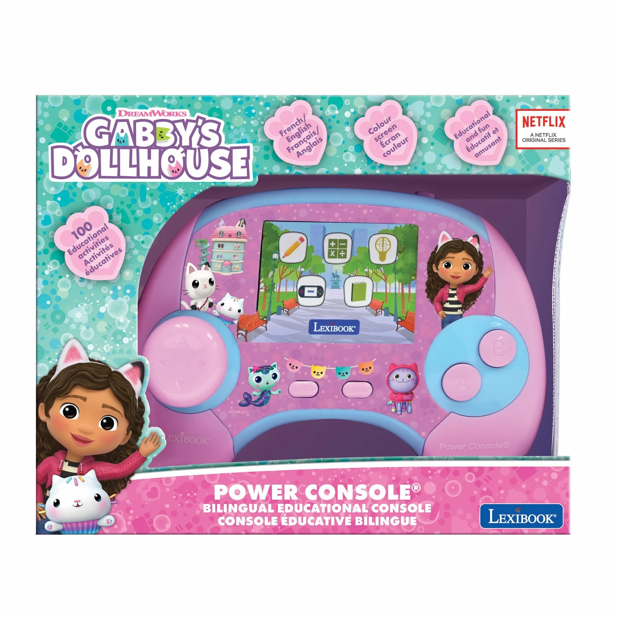Lexibook, Gabby e Casa Magica, Power Console, Console di gioco educativo bilingue francese/inglese con 100 attività, schermo a colori, JCG100GDHi1, Rosa/Blu