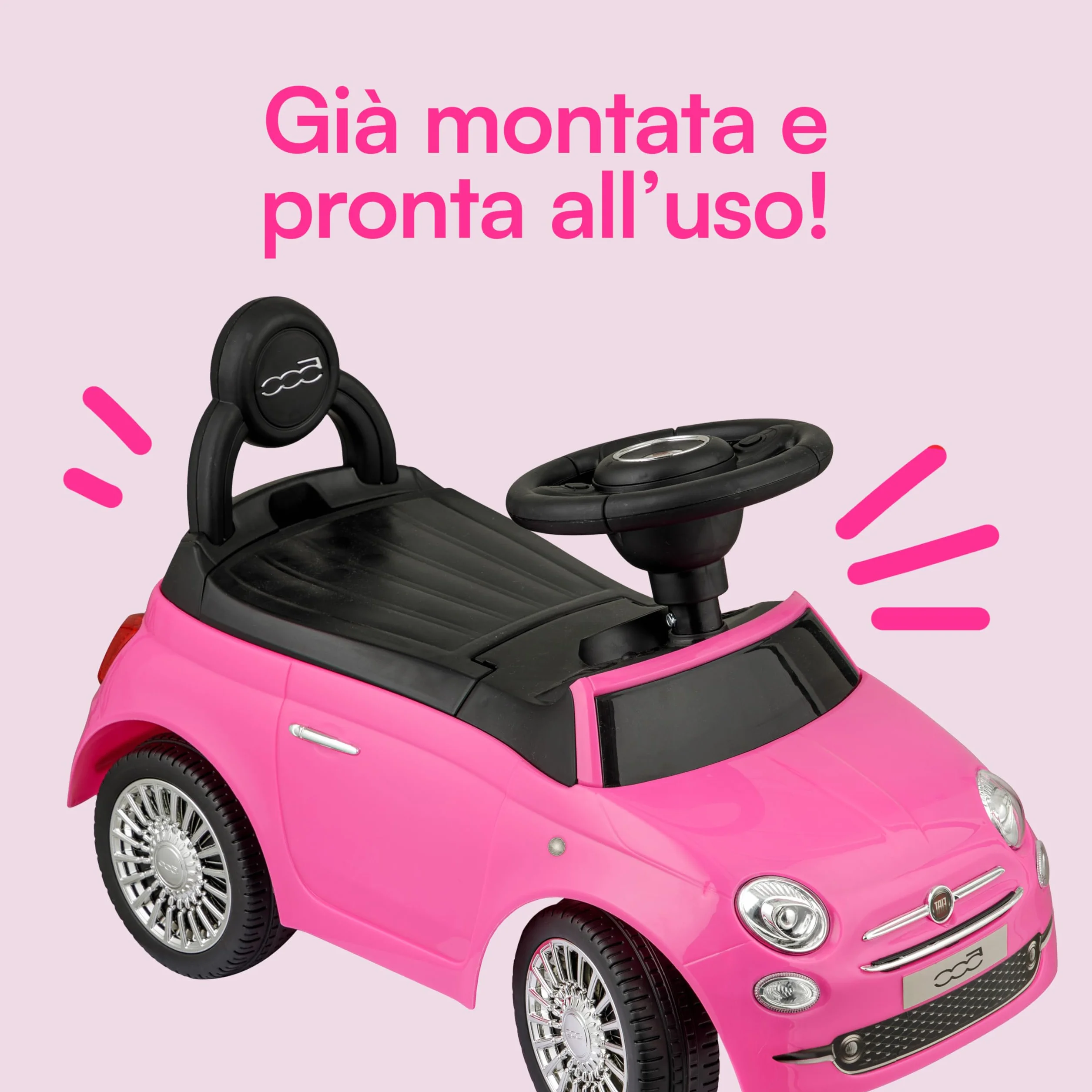 Baroni Toys Macchinina Cavalca Bambini 12-36 Mesi, Fiat 500, Rosa, 28x60x23 cm