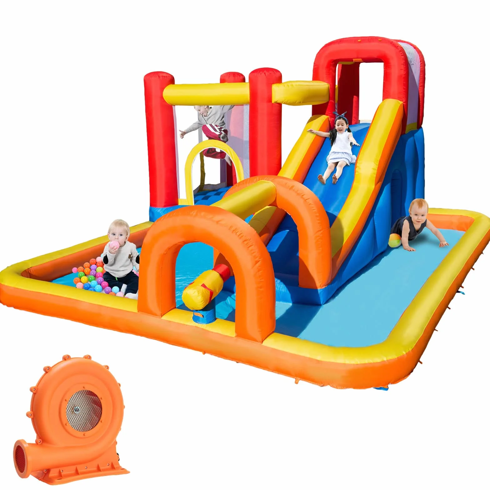 Baralir Castello Gonfiabile con Ventilatore, Scivolo a secco/Acqua, Piscina di palline oceaniche/Parco acquatico, 400×320×200 cm, Castello gonfiabile interno/esterno per Bambini dai 3 ai 10 anni