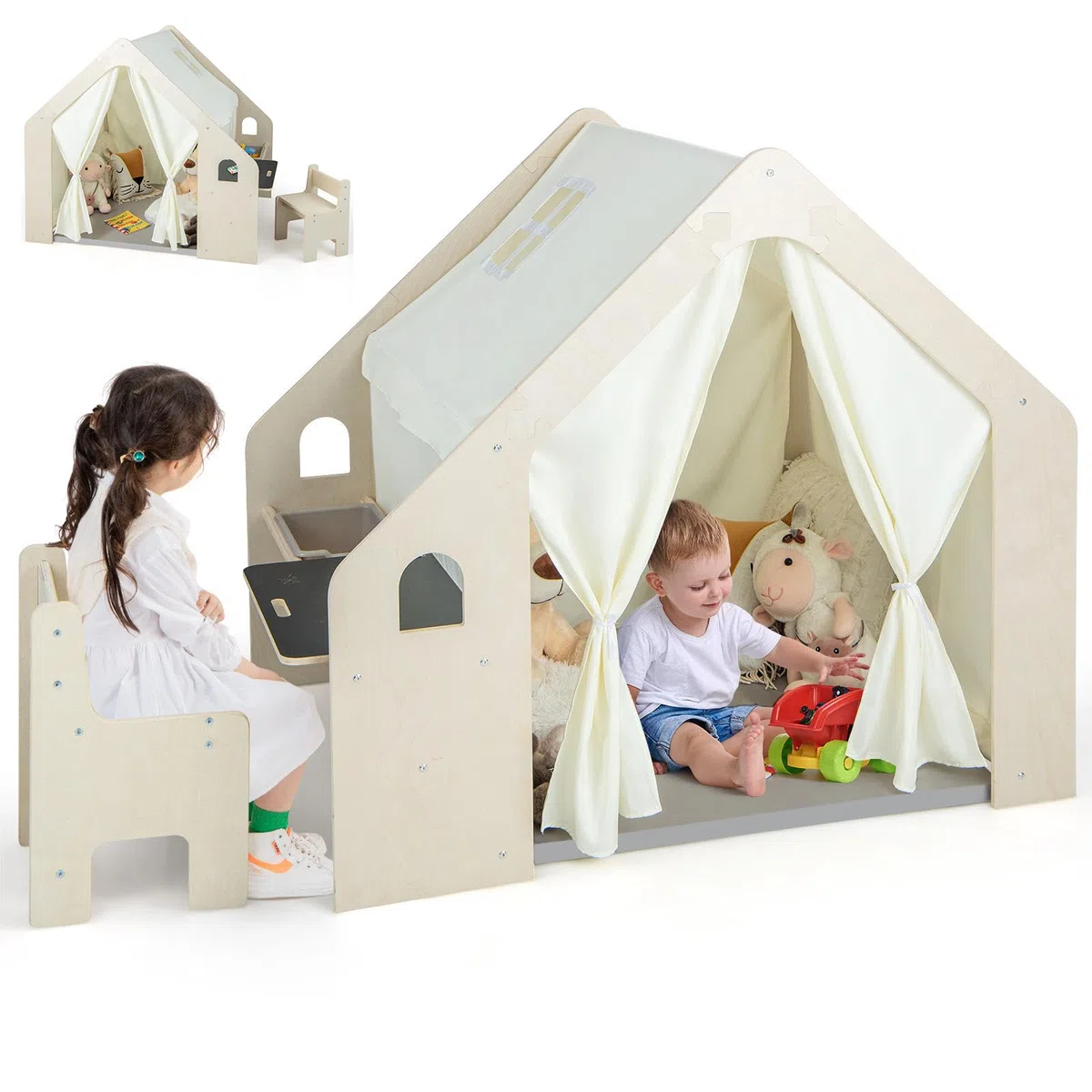 HOMASIS 6 in 1 Tenda per Bambini da Interno, Tenda Gioco con Tavolo e Sedia per Bambini, Casa da Gioco con Tappetino, Lavagna, Scatola Portagiochi (1 Scatola)