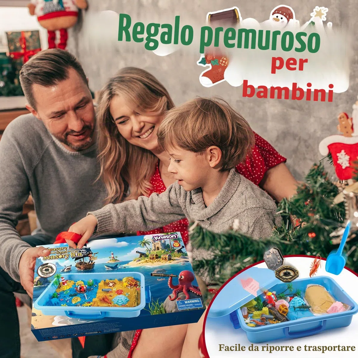 KNASON Sabbia Giocattolo per Bambini,Scrigno del Tesoro Pirata Kit di Sabbiera con 1KG Sabbia Magica,Illuminano al Buio Gemme e Mappa,Regalo di Natale e Compleanno per Bambini 3 ai 8 Anni