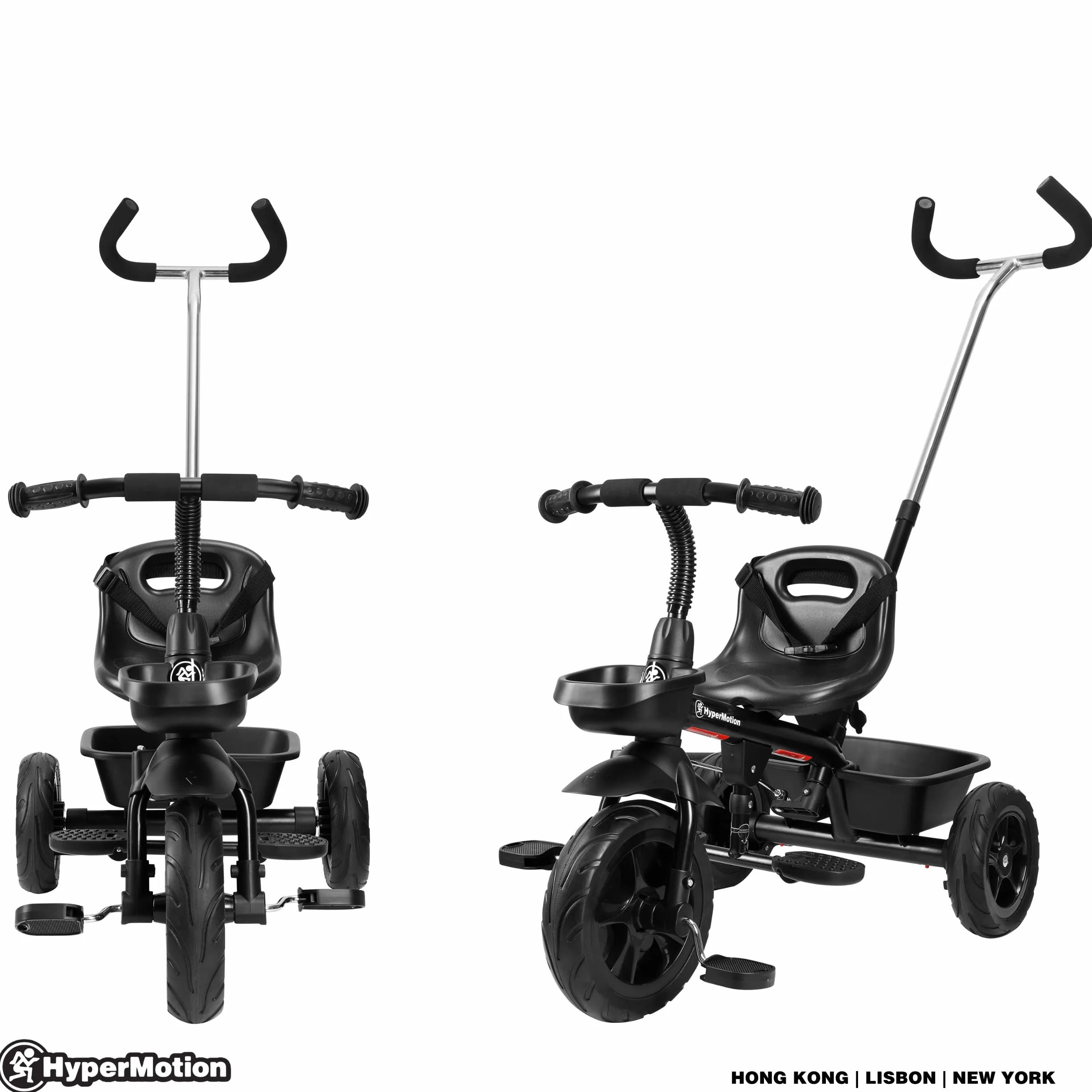 HyperMotion TOBI Vector Triciclo Passeggino con Maniglione per Genitori - Bicicletta Bambini Prima Età con Cinture Sicurezza e Ruote Larghe - Triciclo Bambini Stabile, Nero