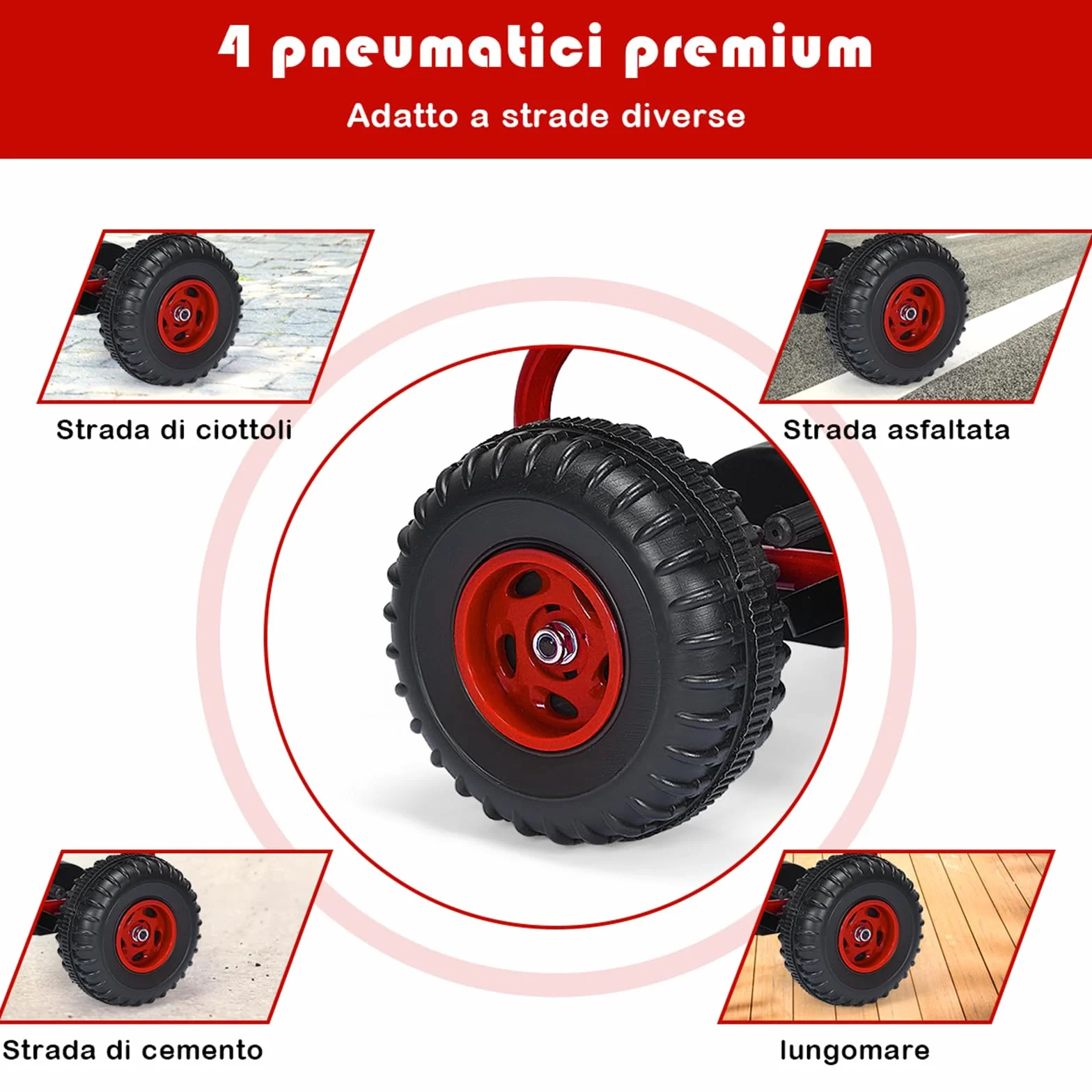 COSTWAY Go Kart a Pedali per Bambini, Veicolo con Sedile Regolabile e Freno a Mano, Portata 30 kg Rosso
