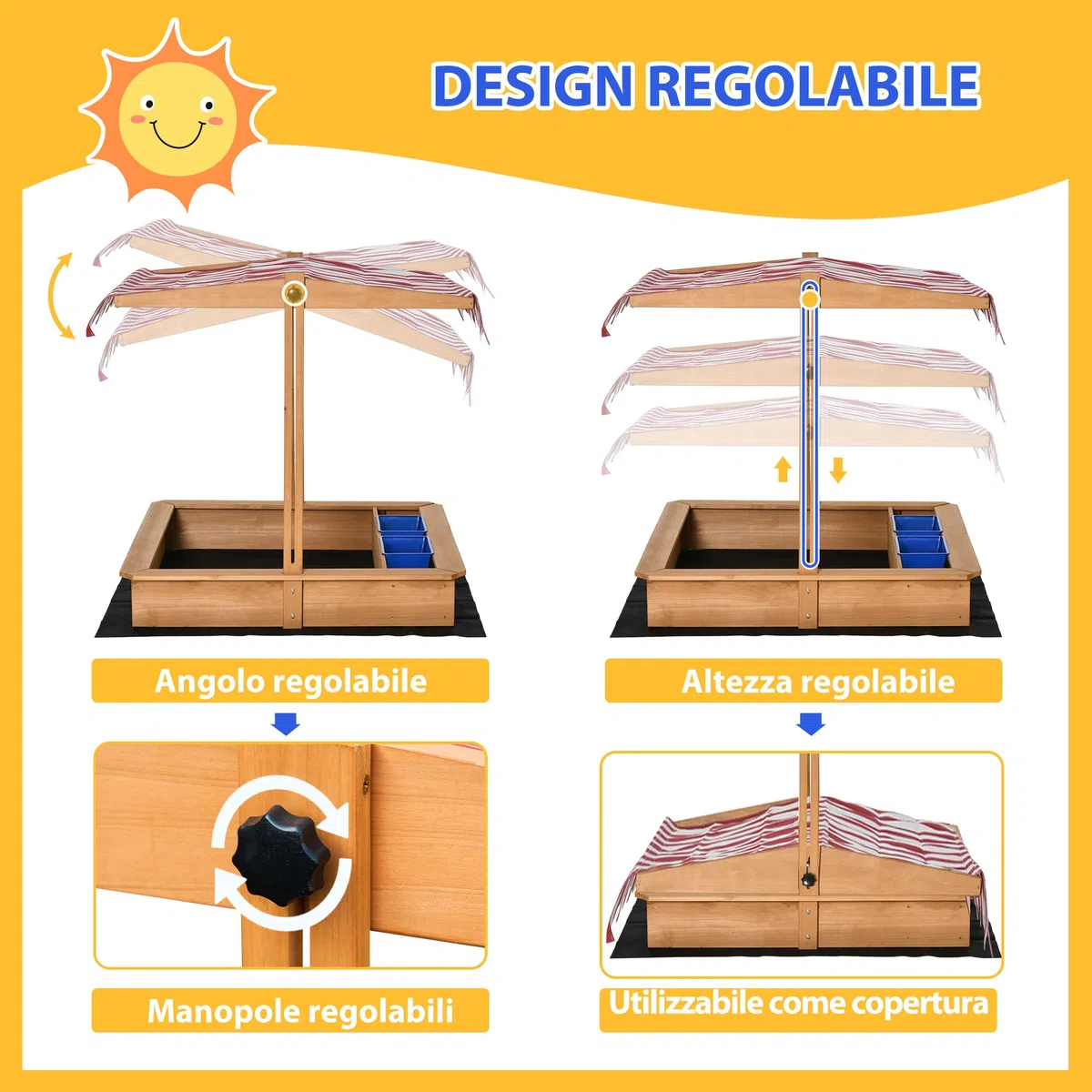Outsunny Sabbiera per Bambini in Legno con Tettuccio Regolabile in Altezza, Gioco da Giardino con Sedute sui Bordi e Vaschette, 107.5x107.5x100cm
