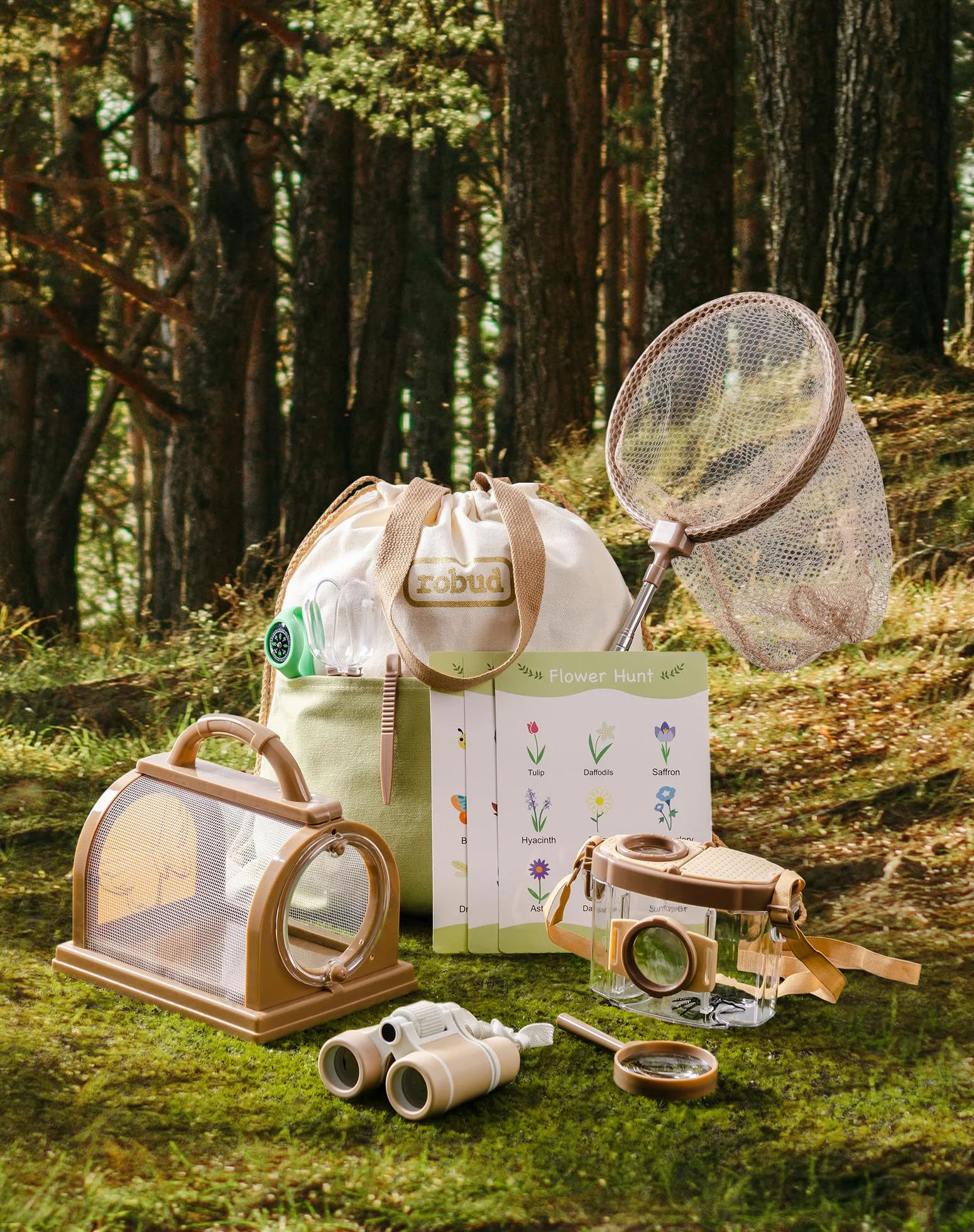ROBUD Kids Outdoor Explorer Kit, Bug Catching Adventure Set with Butterfly Net, Magnifying Glass, Kids Binoculars, Bug Container, Carry Bag, Educational Toys Gift for Toddler Ages 3+