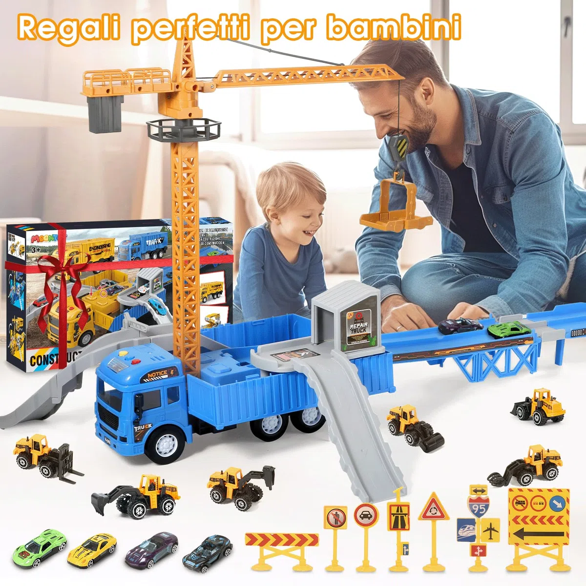 MOONTOY Cantiere Giocattolo per Bambini Camion Pista Macchinine Gru Bisarca con Escavatore Bulldozer Betoniera Rullo Compressore Regalo 3 4 5 6 Anni