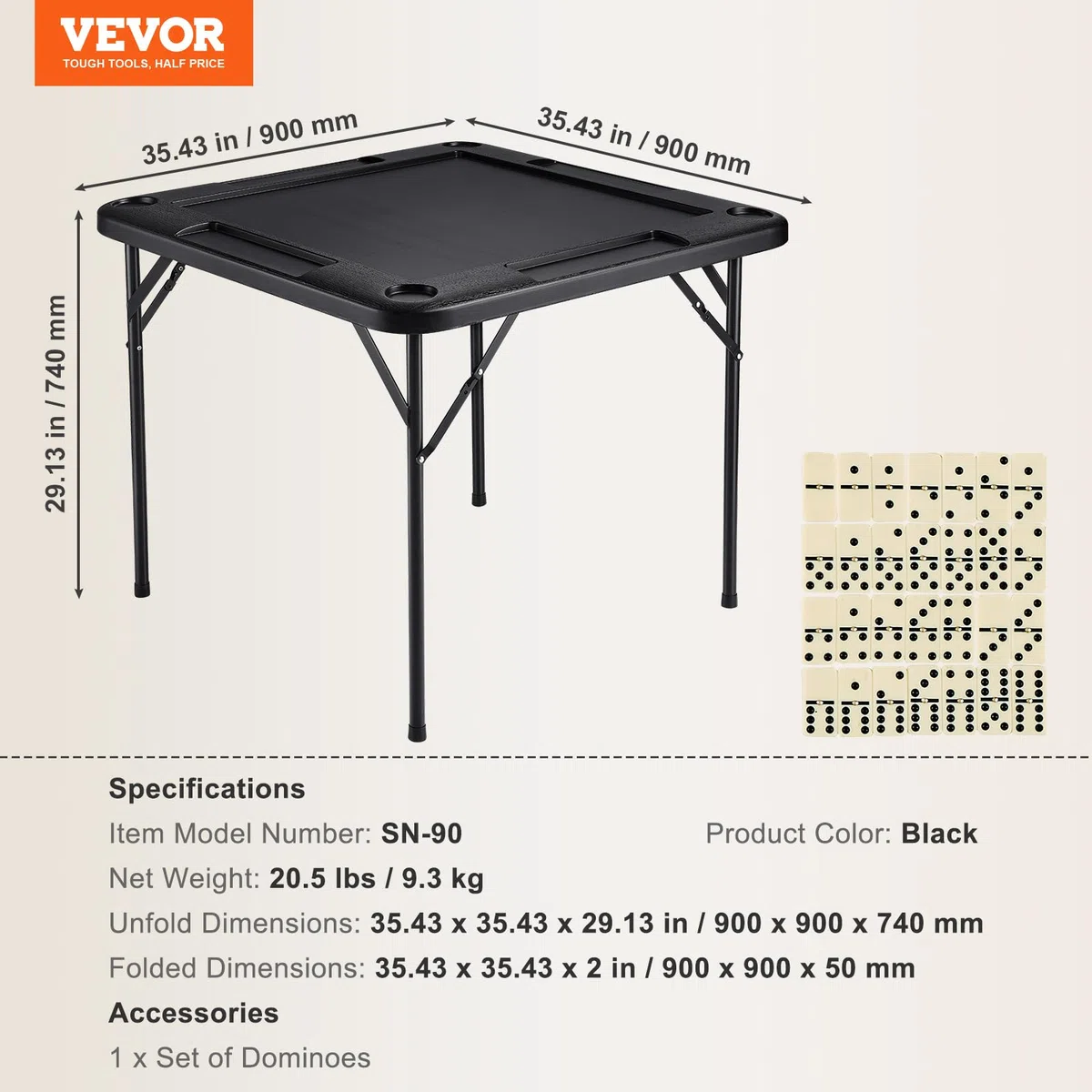 VEVOR Tavolo Mahjong Pieghevole Quadrato 4 Giocatori con Portabicchieri e Vassoi, 900 x 900 mm