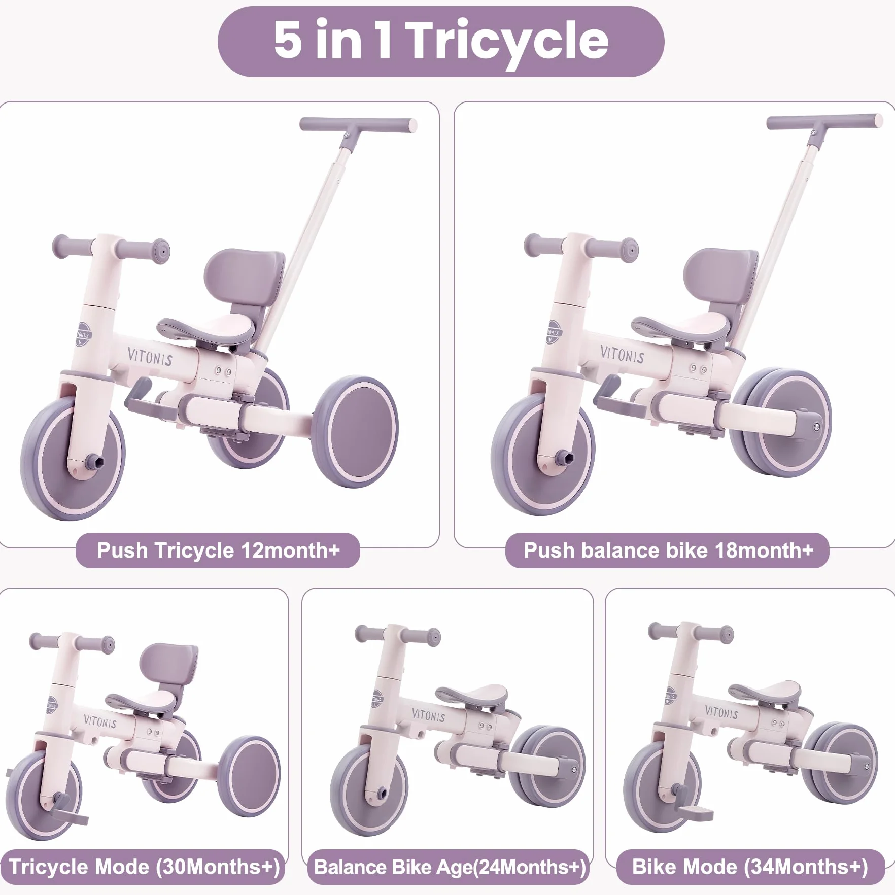 VITONIS bicicletta senza pedali da 1 anno, triciclo 5 in 1 con barra di spinta per bambini, girello per bambini da 1 a 3 anni Regali e giocattoli (viola)