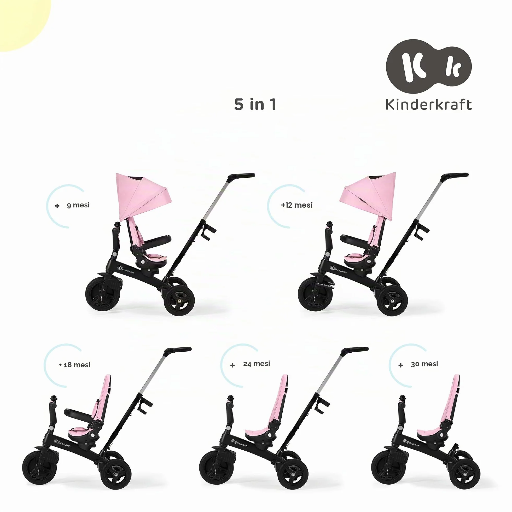 Kinderkraft Triciclo Evolutivo TWIPPER, con Maniglione, Sella Girevole 360 Gradi, Accessori, Campanello, Portabicchiere, da 9 Mesi fino a 5 Anni, Rosa