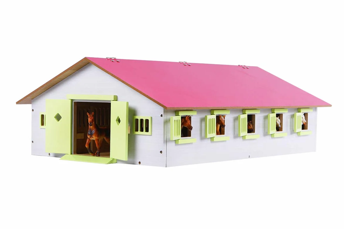 Van Manen Kids Globe Farming 610188 - Fattoria in Legno con 9 Box per Cavalli, con Tetto Pieghevole, Colore: Rosa