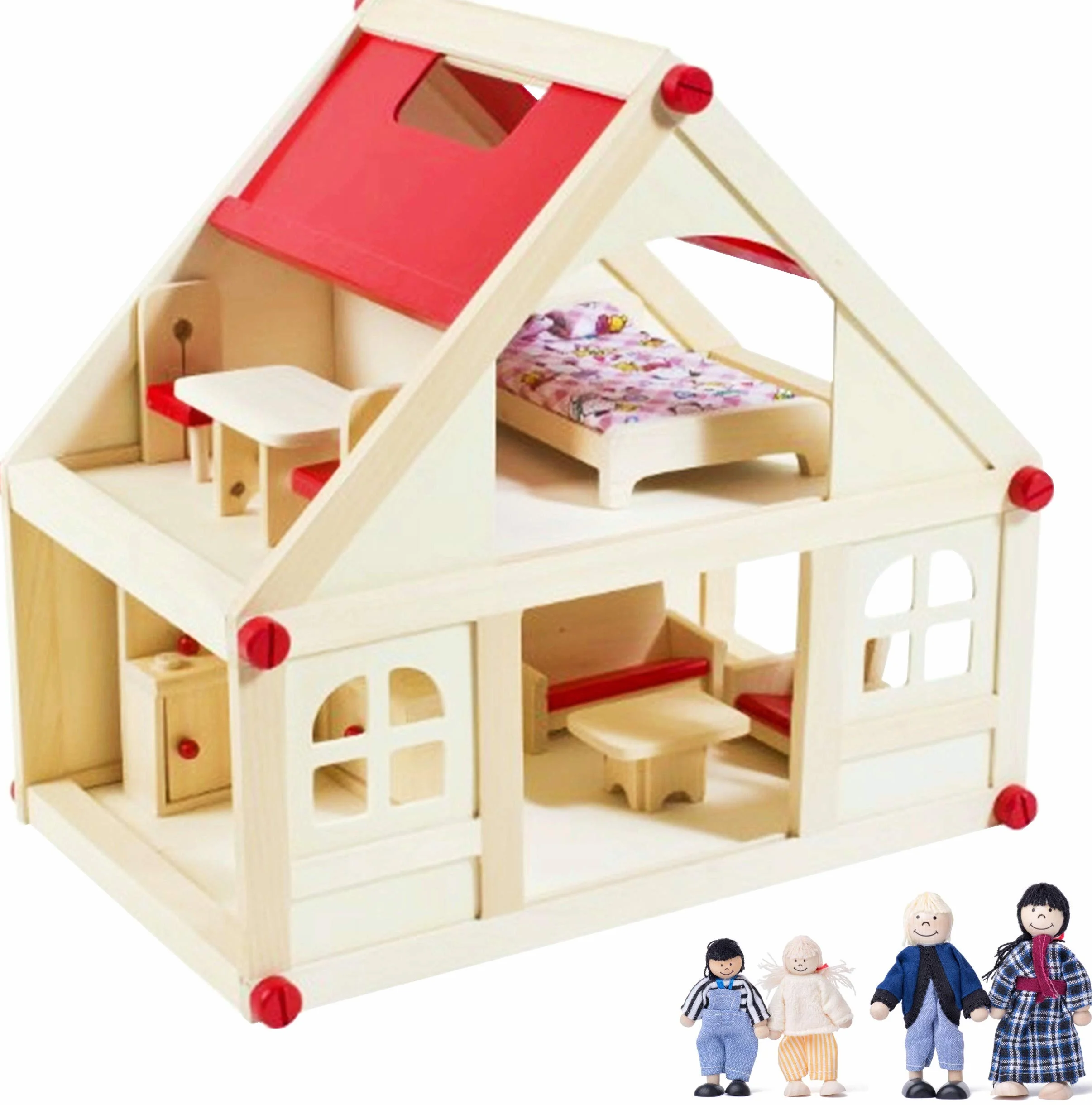 Izzy Casa delle bambole in legno con 2 piani, 4 bambole e 9 mobili | Maniglia per il trasporto (casa delle bambole per bambini con 2 piani, mobili e accessori) - (38 x 27 x 39 cm)