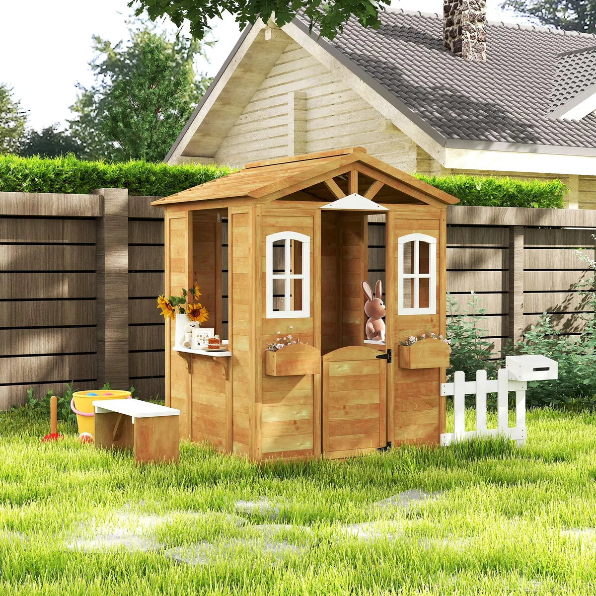 Outsunny Casetta Bambini Legno Giardino con Finestre Staccionata Portavasi Panca 205x119x140 cm