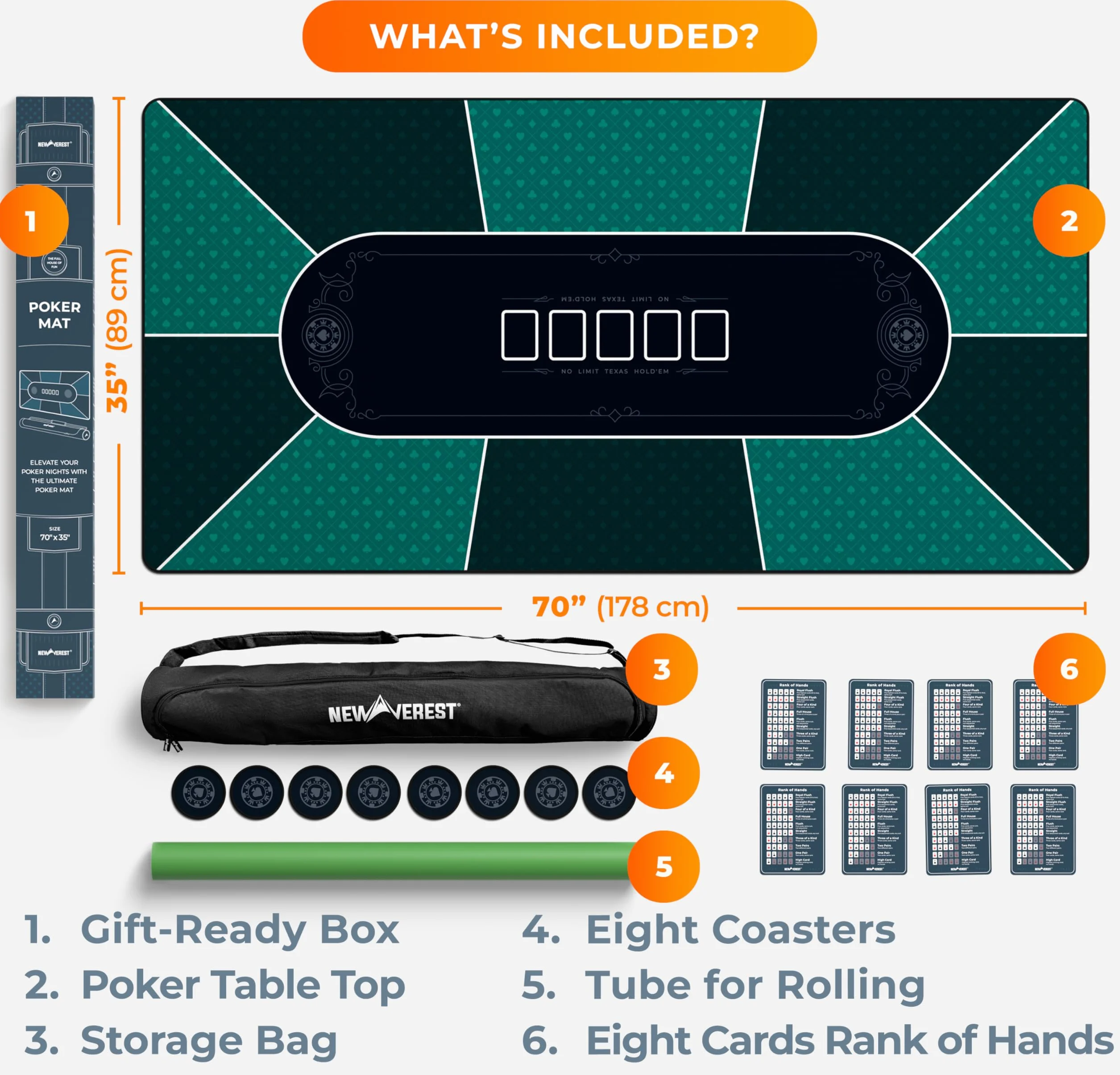 Newverest Tappetino da Poker 178 × 89 cm, Texas Hold’em Per Le Tue Serate Di Gioco, Fino a 10 Giocatori, Casino e Blackjack, Borsa con Cerniera Resistente, 8 Sottobicchieri, Scatola Regalo