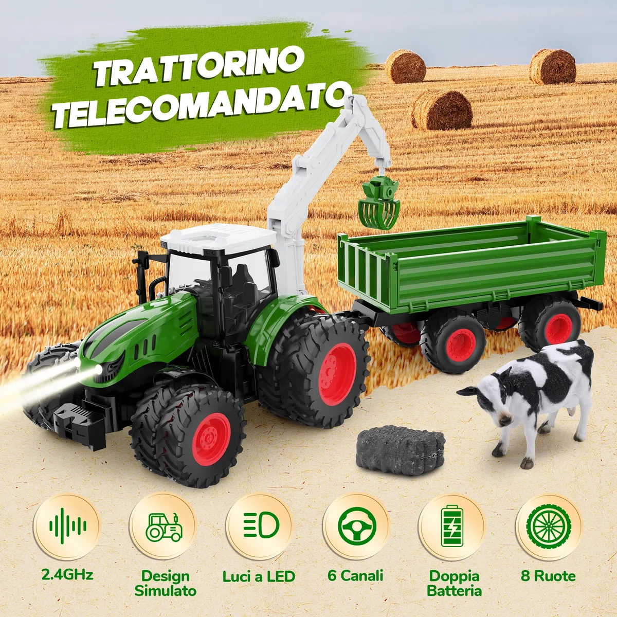 HappyGoLucky Trattore Telecomandato per Bambini, 2.4GHz, 1:16 Camion Telecomandato Fattoria Giocattolo con Luce, Rimorchio, Regalo Bambino 3-12 Anni Maschio, Regali Natale Bambini 2025 Halloween