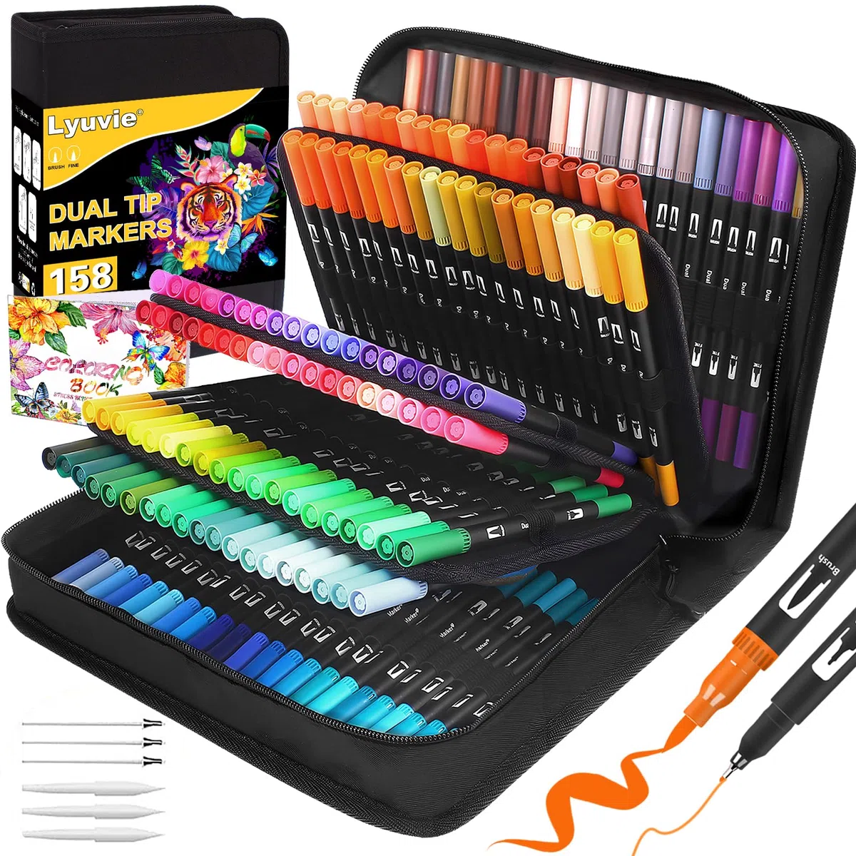 Lyuvie 158 Colori Pennarelli Punta Fine-Set Pennarelli Doppia Punta Brush Pen Lettering con custodia Nera,Pennarelli Acquerellabili per Adulti Bambini Disegni Colorare Lettere Pasqua Natale