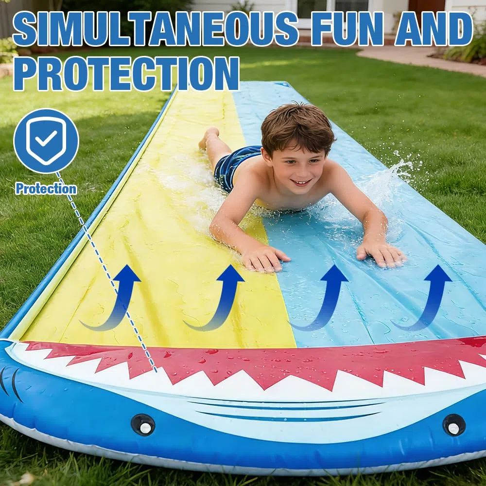 Scivolo d'Acqua 480 cm Doppio con 2 Bodyboard Irrigatore Integrato Resistente per Prato Giardino Giochi all'Aperto