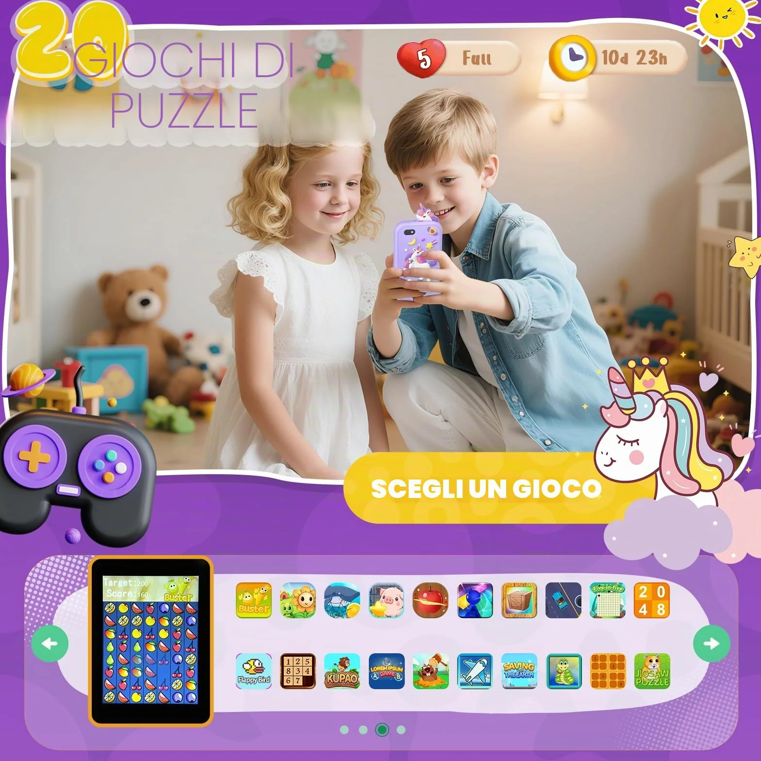 Fippesax Telefono Bambini, 2,8" Smartphone Bambini, Telefono Giocattolo per Bambine con 8GB Card, 20 Giochi Didattici, Doppia Fotocamera, Musicale, Sveglia - Regalo Natale/Compleanno Viola